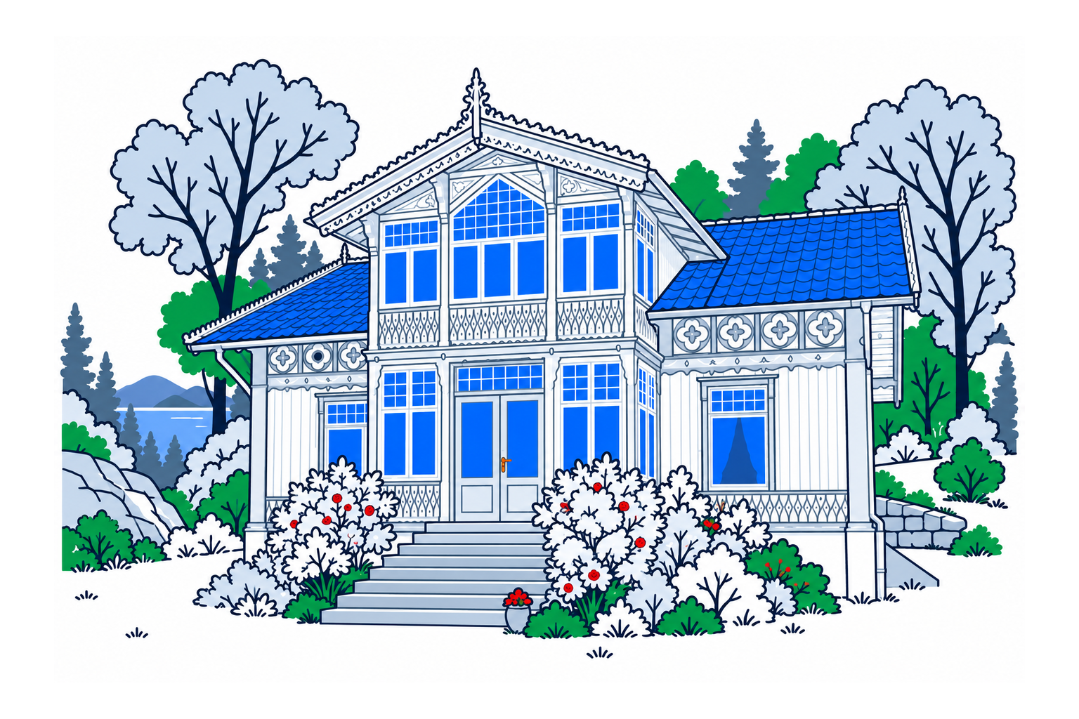 SamfunnPrep illustration: Roald Amundsens hjem Uranienborg, Nordre Follo. Roald Amundsen's preserved fjord-side home.