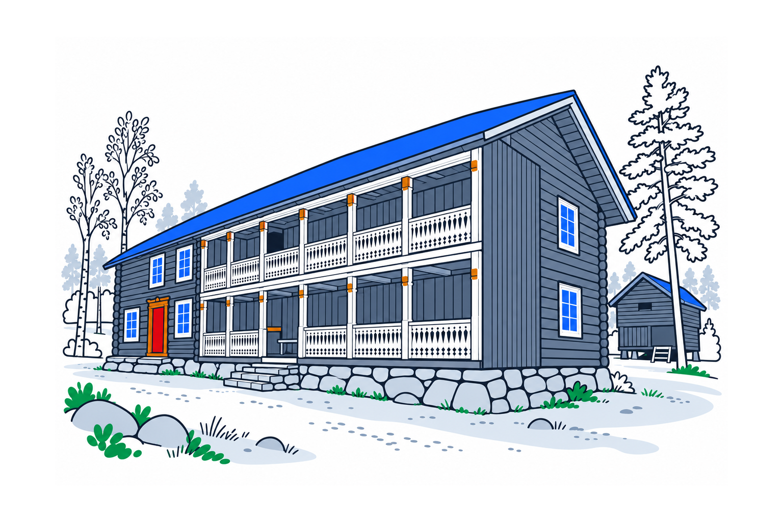 SamfunnPrep illustration: Lands Museum, Nordre Land. Historic museum buildings in an open-air setting.