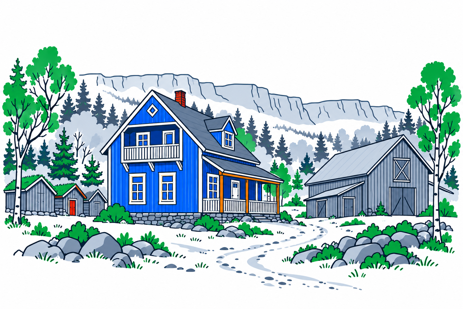 SamfunnPrep illustration of the main house, storage sheds and barn at the Kven farm Tørfoss / Kuivakoski in Reisadalen.