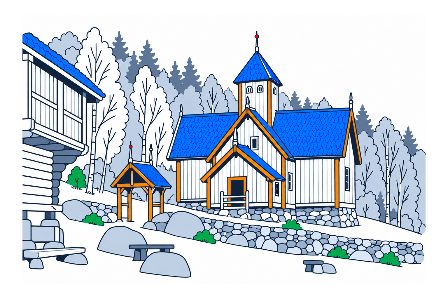 SamfunnPrep illustration: Uvdal stavkirke, Nore og Uvdal. The tarred stave church overlooking the Uvdal valley.