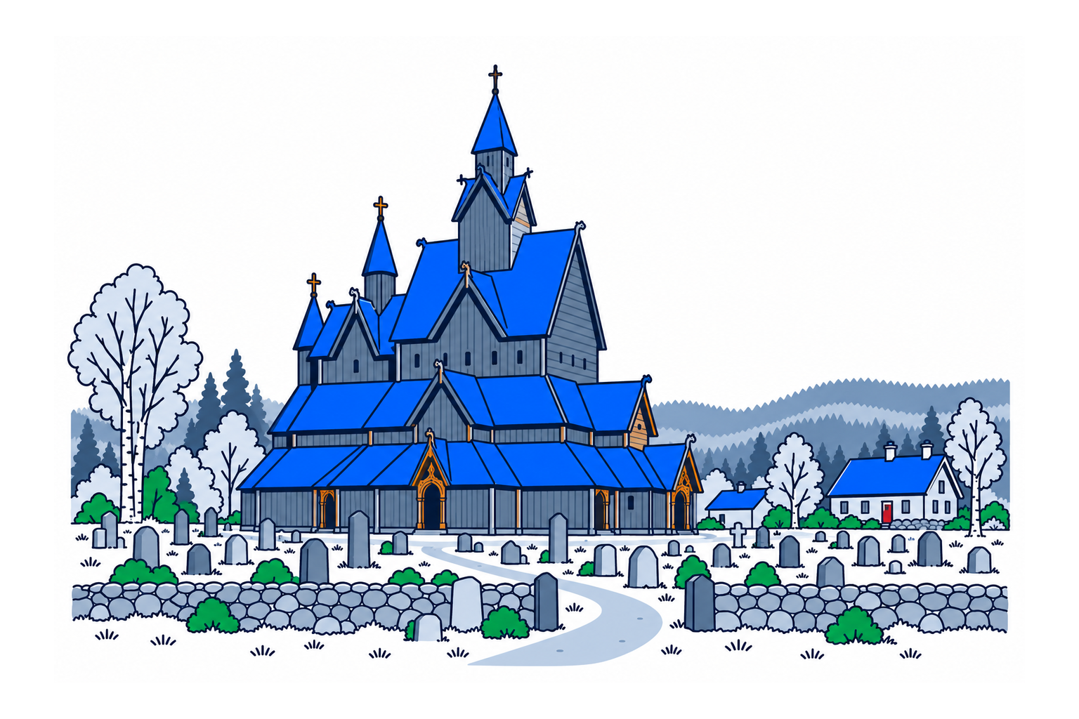 SamfunnPrep illustration: Heddal stavkyrkje, Notodden. A large stave church with tiered roofs and several spires.