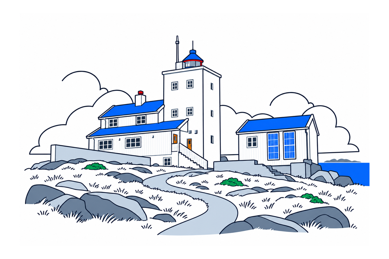 SamfunnPrep illustration of Anda fyr’s square concrete tower in Øksnes