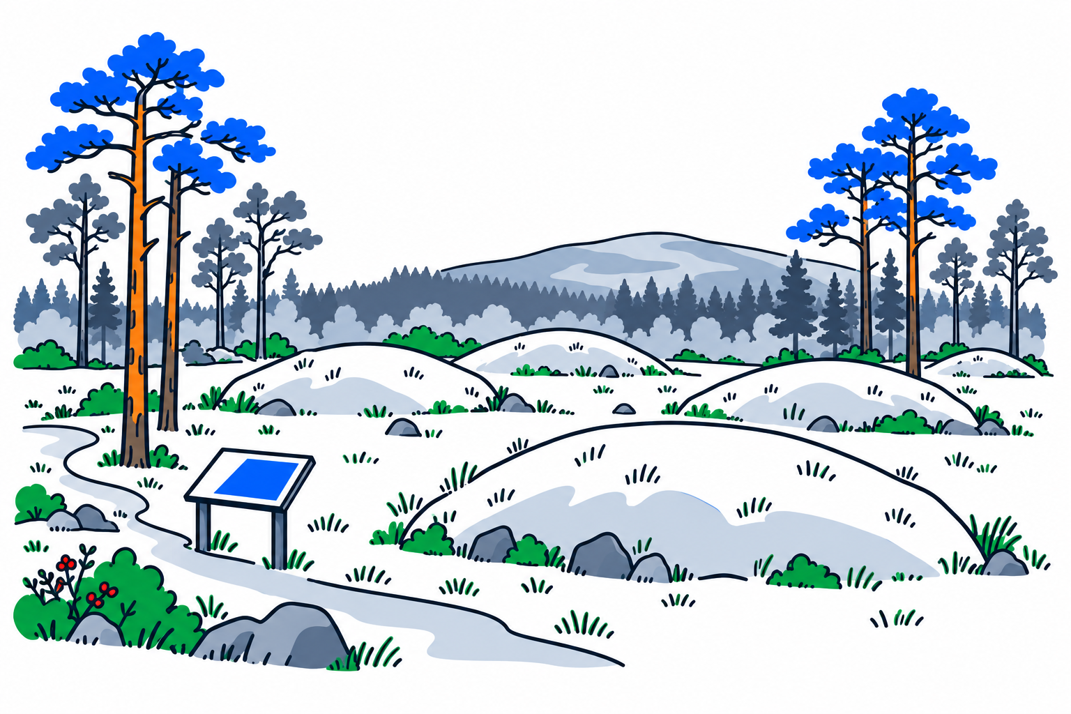 SamfunnPrep illustration of the burial mounds at Vang gravfelt in Oppdal