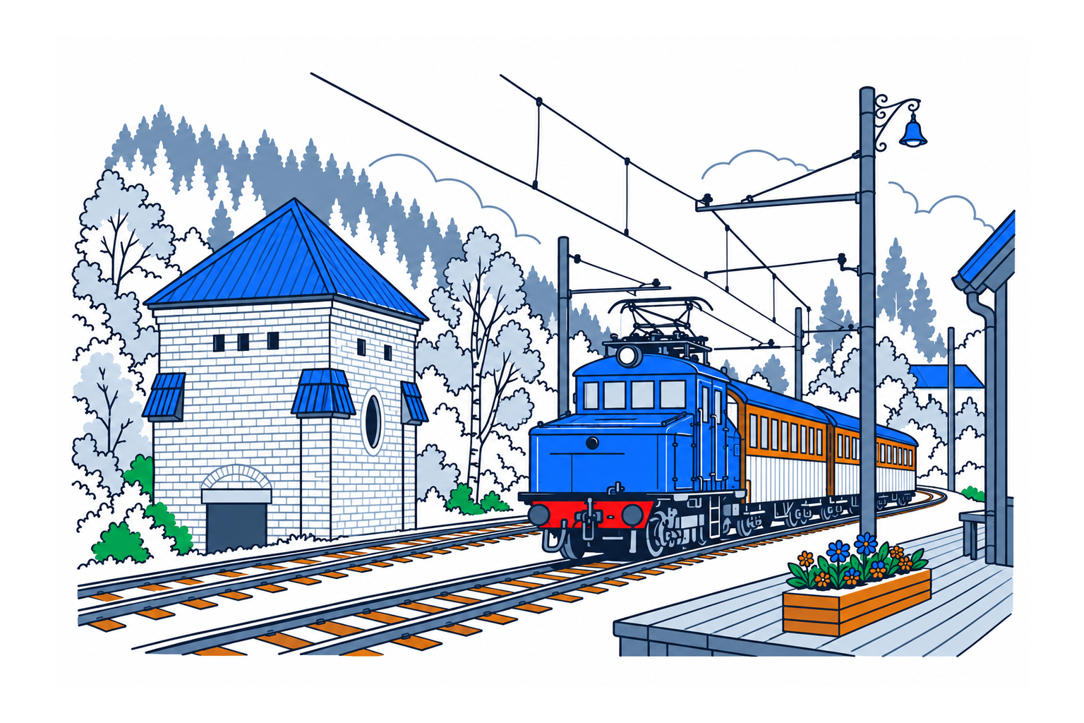SamfunnPrep illustration of a historic electric train and passenger carriages on Thamshavnbanen.