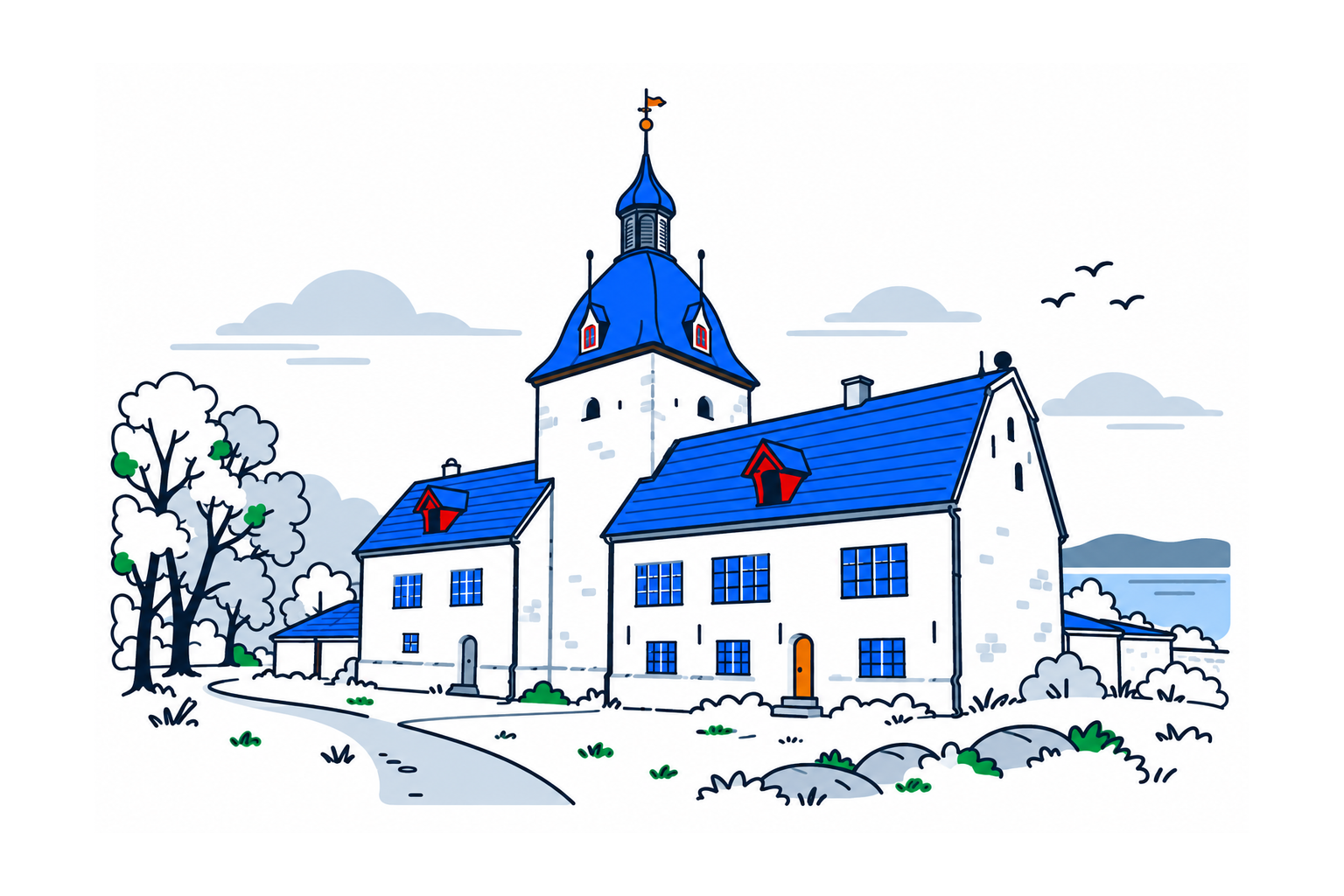SamfunnPrep illustration of Austråttborgen's white manor wings, chapel tower and courtyard.