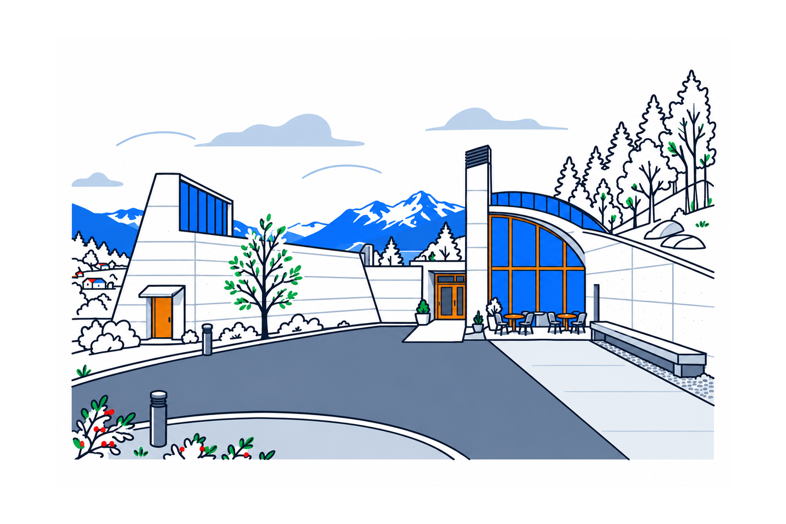 SamfunnPrep illustration of Aasentunet in Ørsta, with Sverre Fehn's modern museum building in the landscape of Ivar Aasen's birthplace.