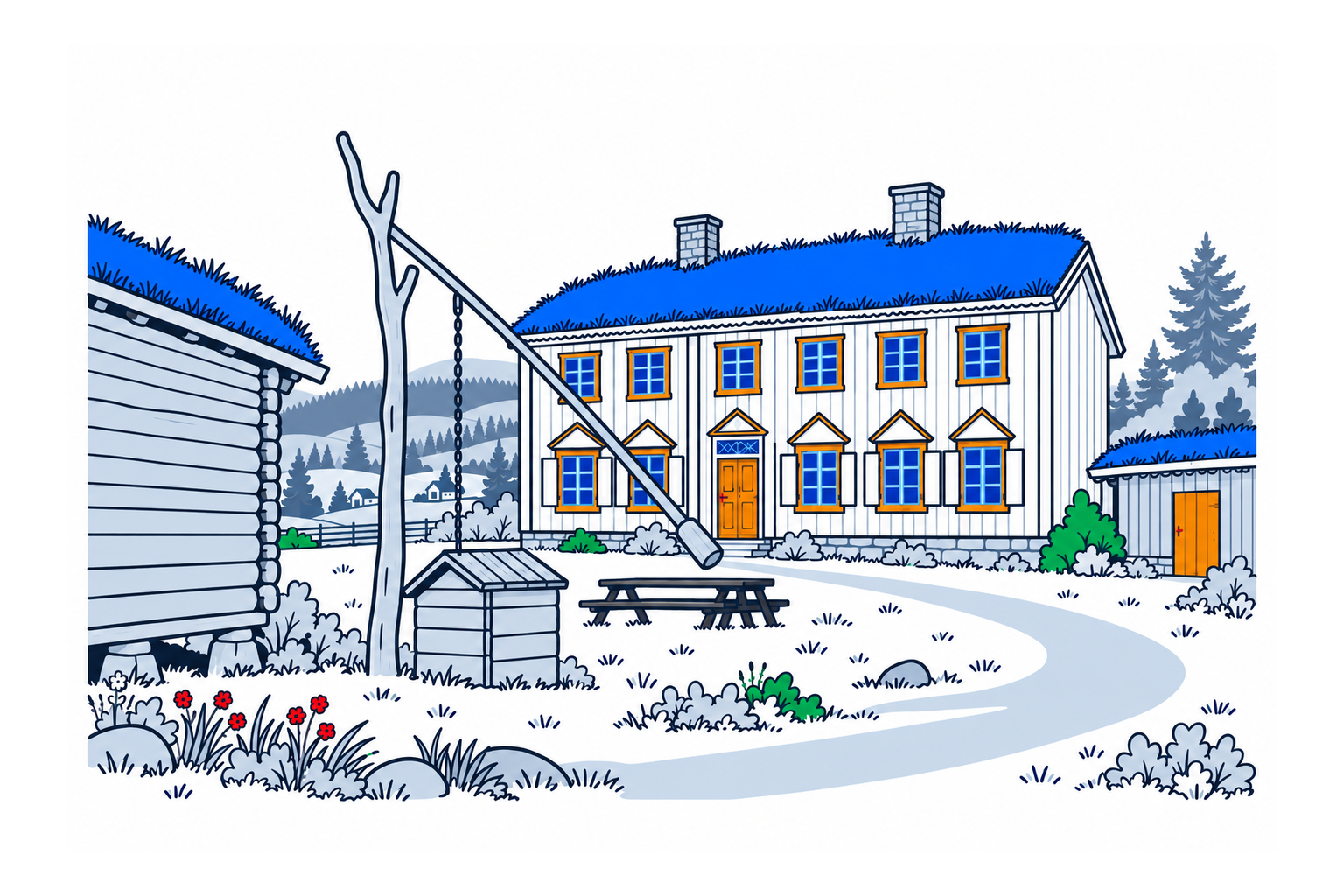 SamfunnPrep illustration: Oddentunet, Os. The preserved timber farmyard at Narjordet.
