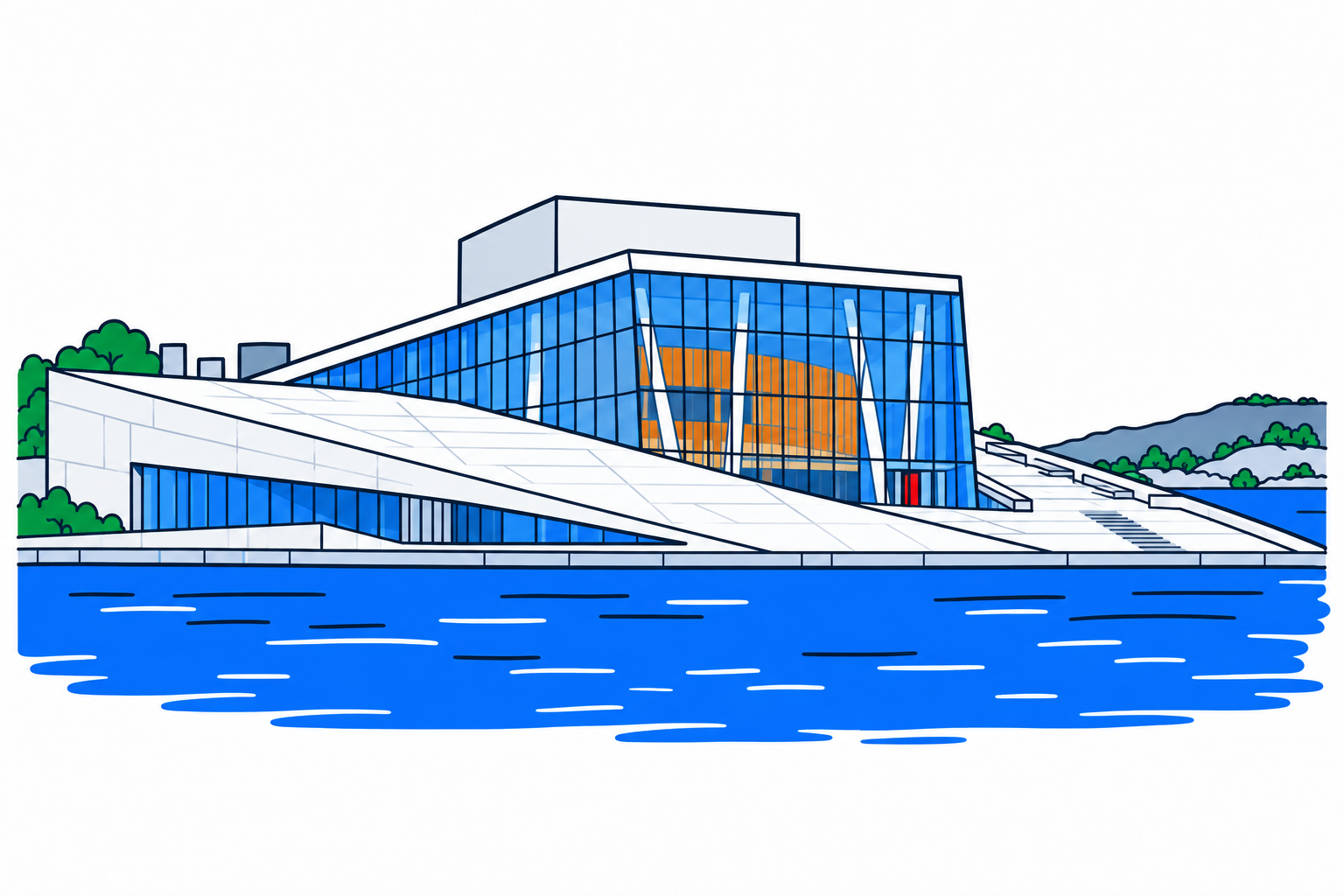 SamfunnPrep illustration of Oslo Opera House, its sloping marble roof and glass foyer beside the fjord.