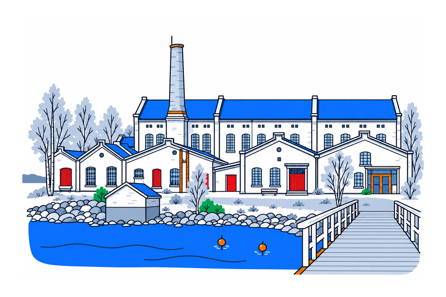SamfunnPrep illustration: Kapp Melkefabrikk, Østre Toten. Historic factory buildings beside the lake.