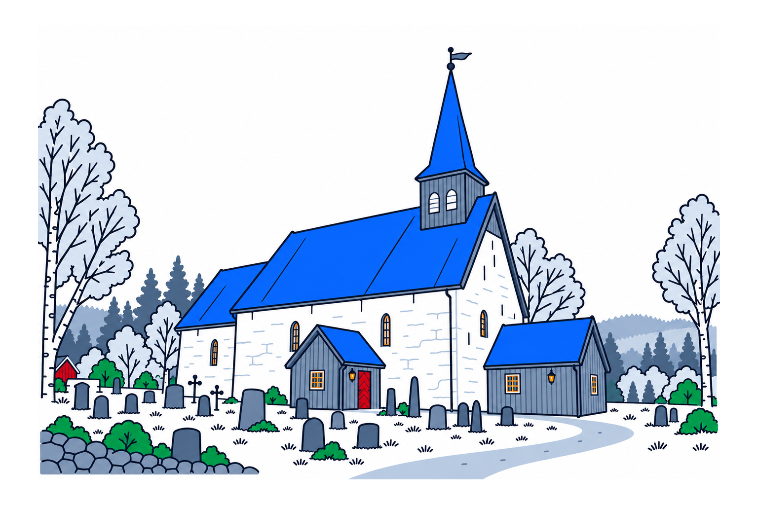 SamfunnPrep illustration of Ranem kirke's stone walls, timber porches and tall roof spire.