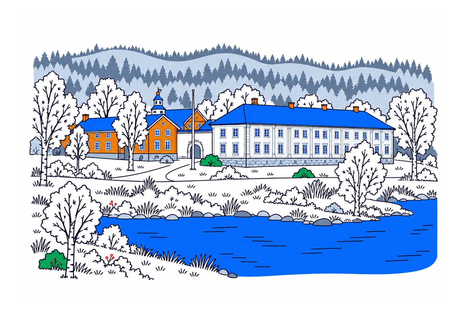 SamfunnPrep illustration: Fossesholm herregård, Øvre Eiker. The historic manor buildings and courtyard.