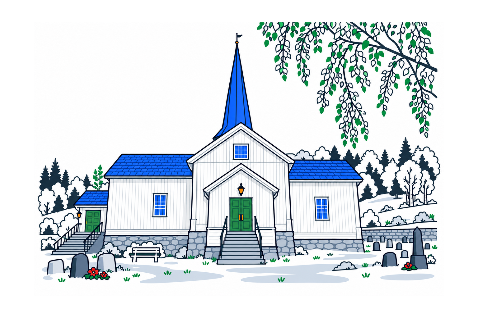 SamfunnPrep illustration: Øyer kyrkje, Øyer. The timber cruciform church with its later tower.