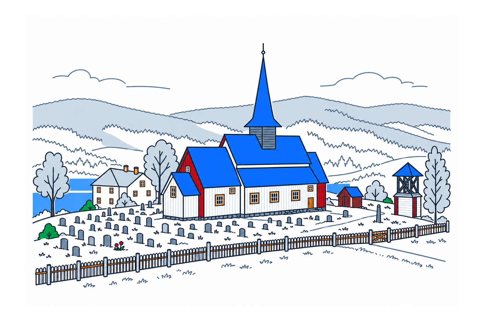 SamfunnPrep illustration: Hegge stavkyrkje, Øystre Slidre. A timber stave church with a prominent spire.