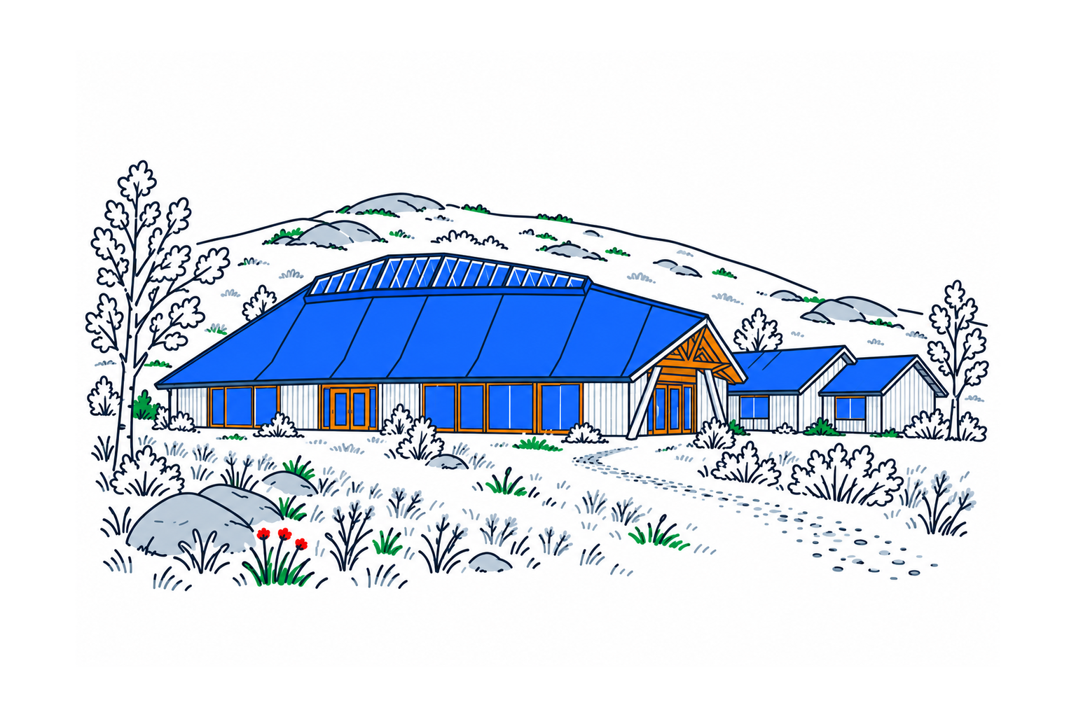 Illustration of Kväänin institutti – Kvensk institutt, its boat-inspired hall and adjoining office wing in Børselv.