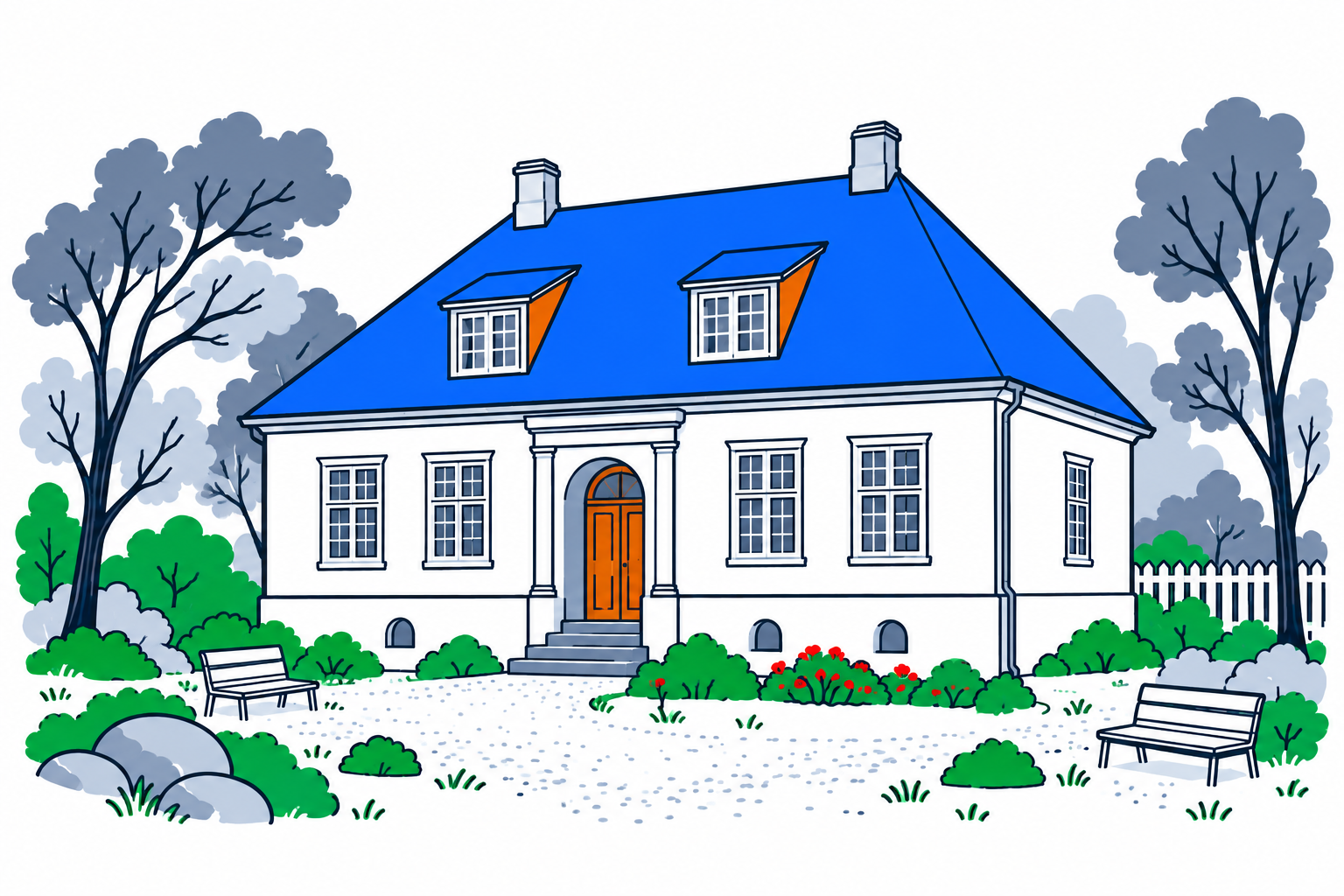 SamfunnPrep illustration: Den gamle toldbod, Porsgrunn. The historic customs house in a museum garden.