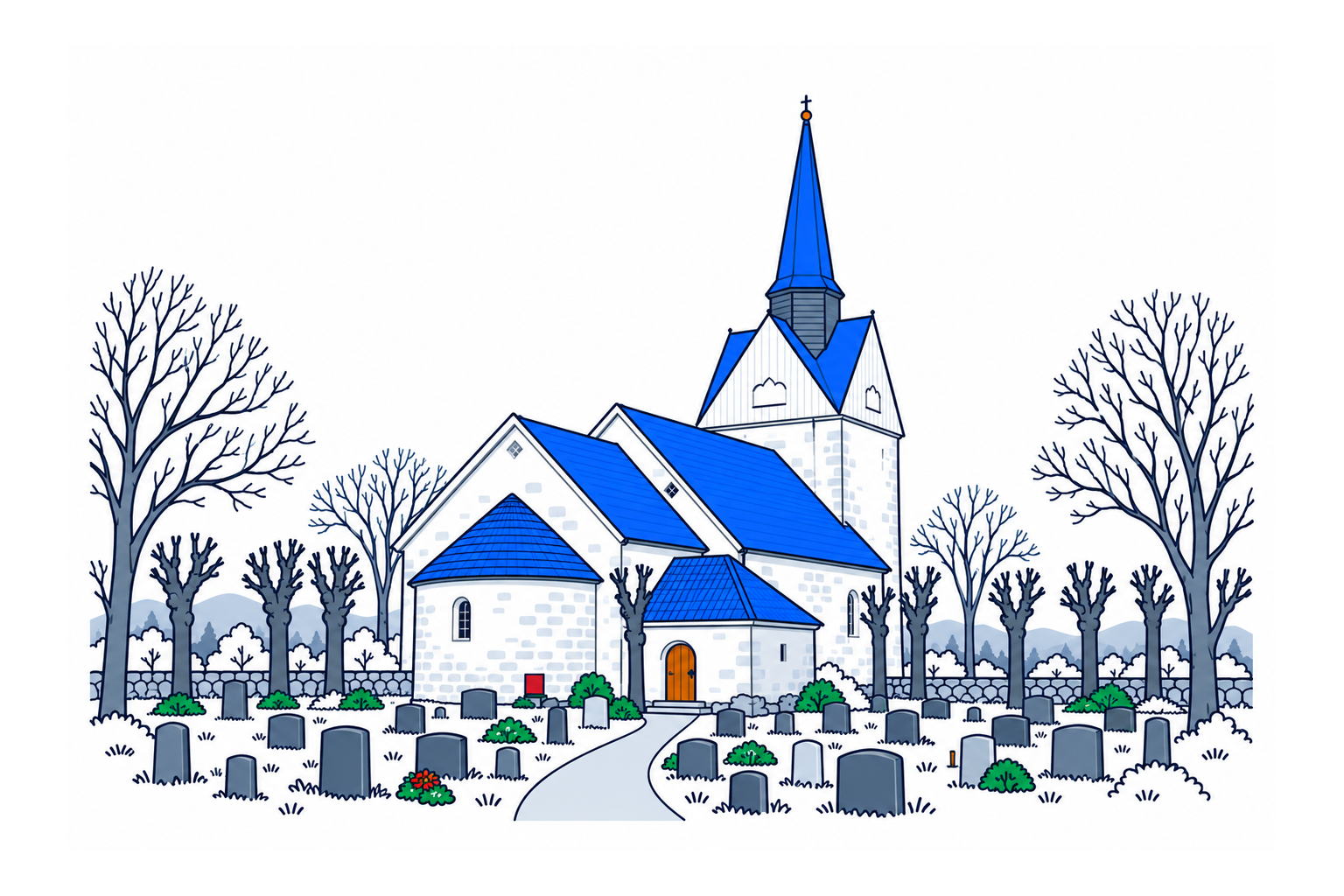 SamfunnPrep illustration: Råde kirke, Råde. The stone church with its west tower and rounded apse.