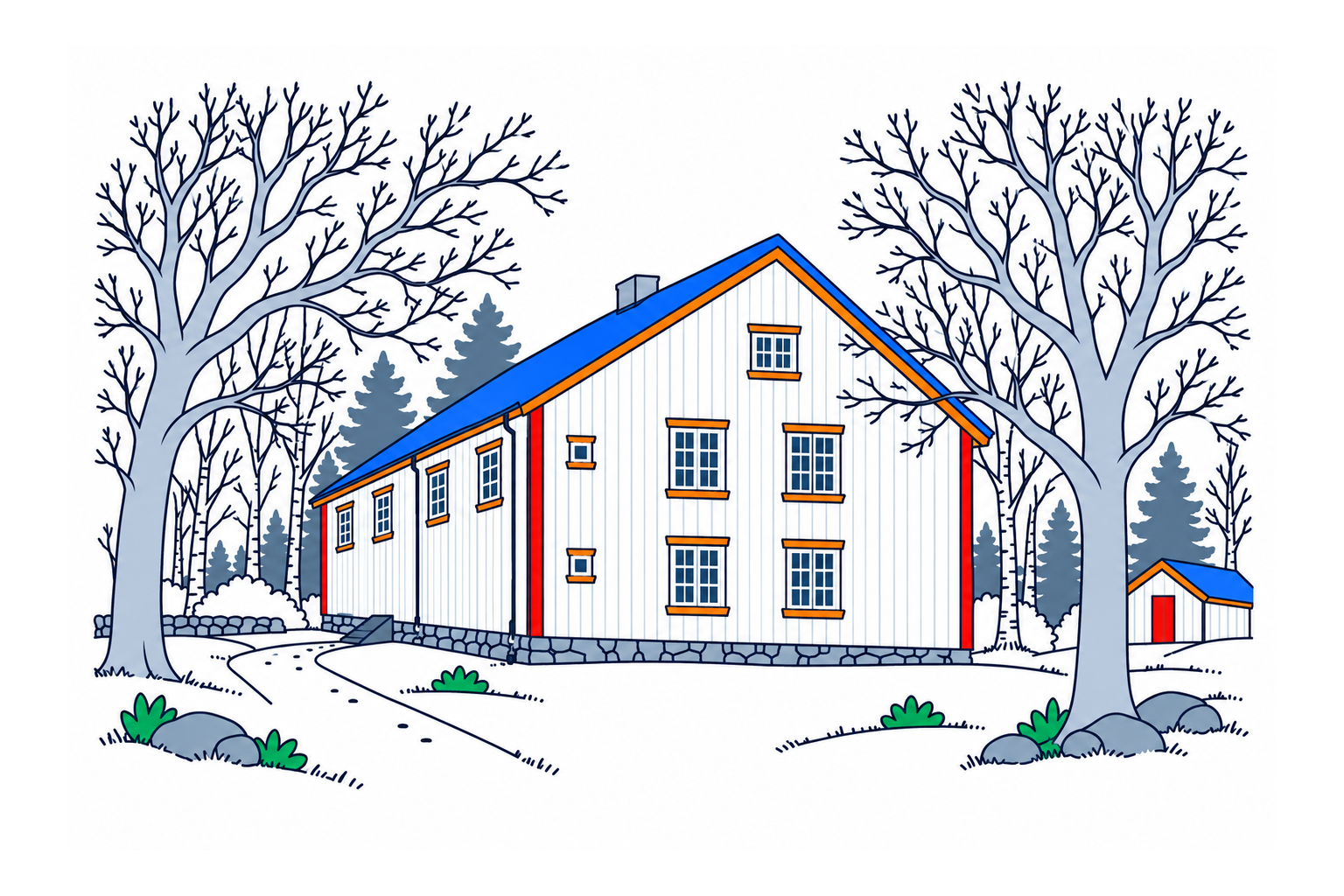 SamfunnPrep illustration: Rakkestad bygdetun, Rakkestad. The historic rural buildings of the museum farmyard.