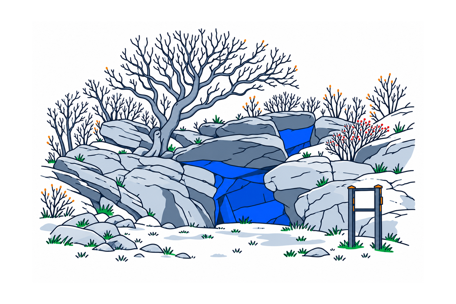 SamfunnPrep illustration of Vistehola in Randaberg, showing the irregular rock shelter beneath layered stone with a grassy approach.
