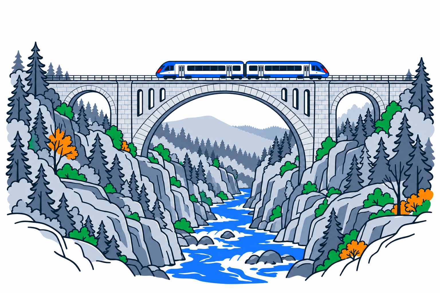 SamfunnPrep illustration of Kylling bru in Rauma, showing the high stone railway arch across the River Rauma at Verma.