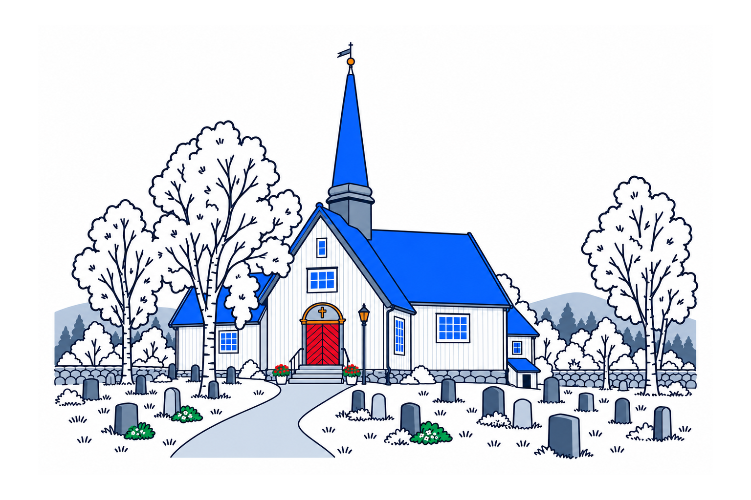 SamfunnPrep illustration of the three-winged timber Rennebu kirke and its central spire.