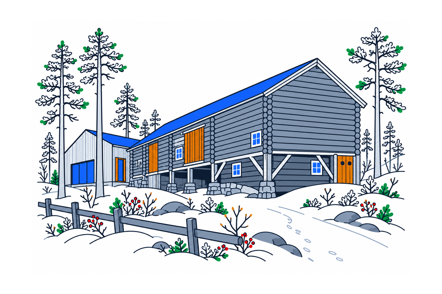 SamfunnPrep illustration of Rindal skimuseum's restored log barn and modern timber extension.