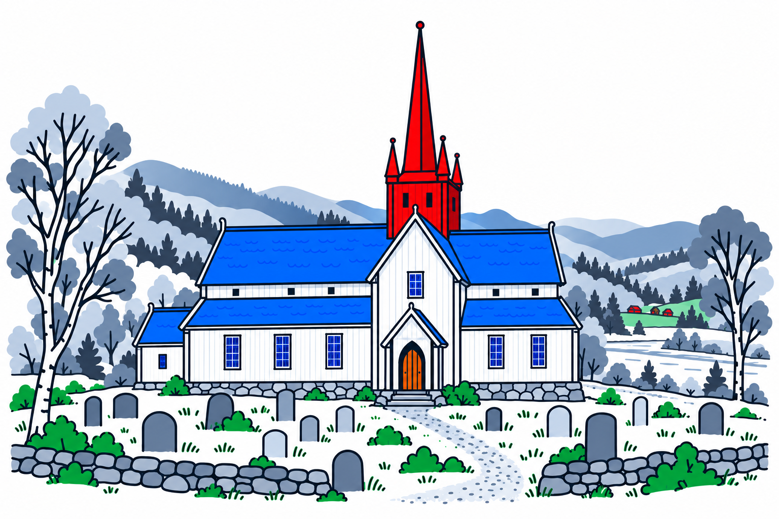 SamfunnPrep illustration: Ringebu stavkirke, Ringebu. The dark stave church with its characteristic red tower.