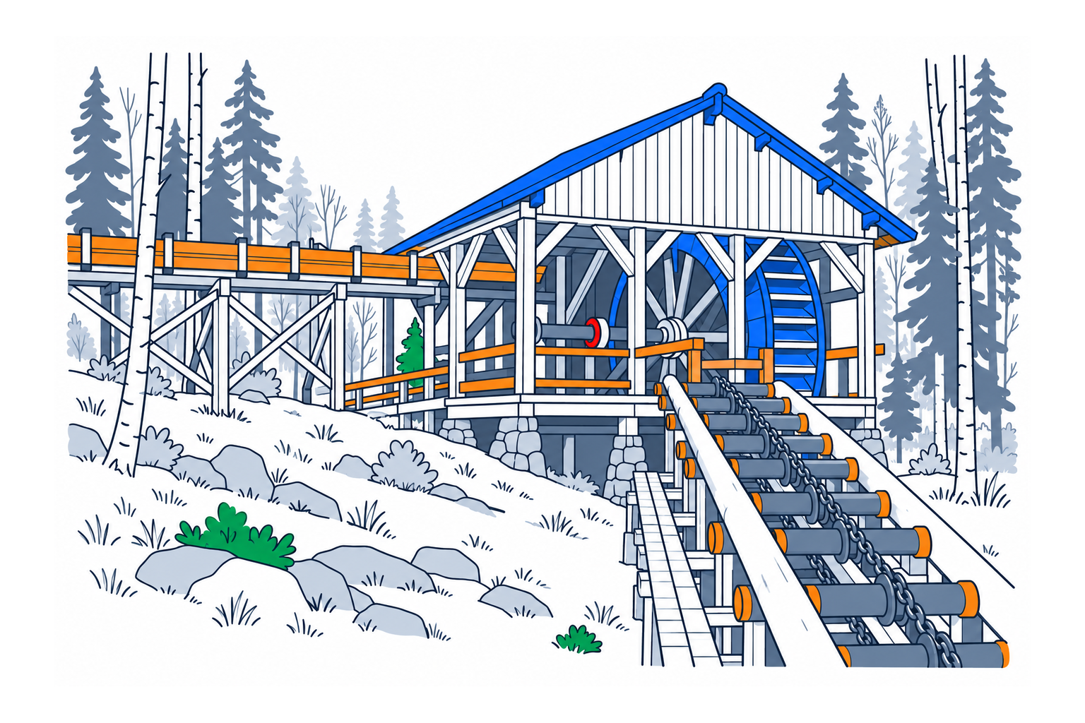 SamfunnPrep illustration: Kjerraten i Åsa, Ringerike. The reconstructed timber wheelhouse and large waterwheel.