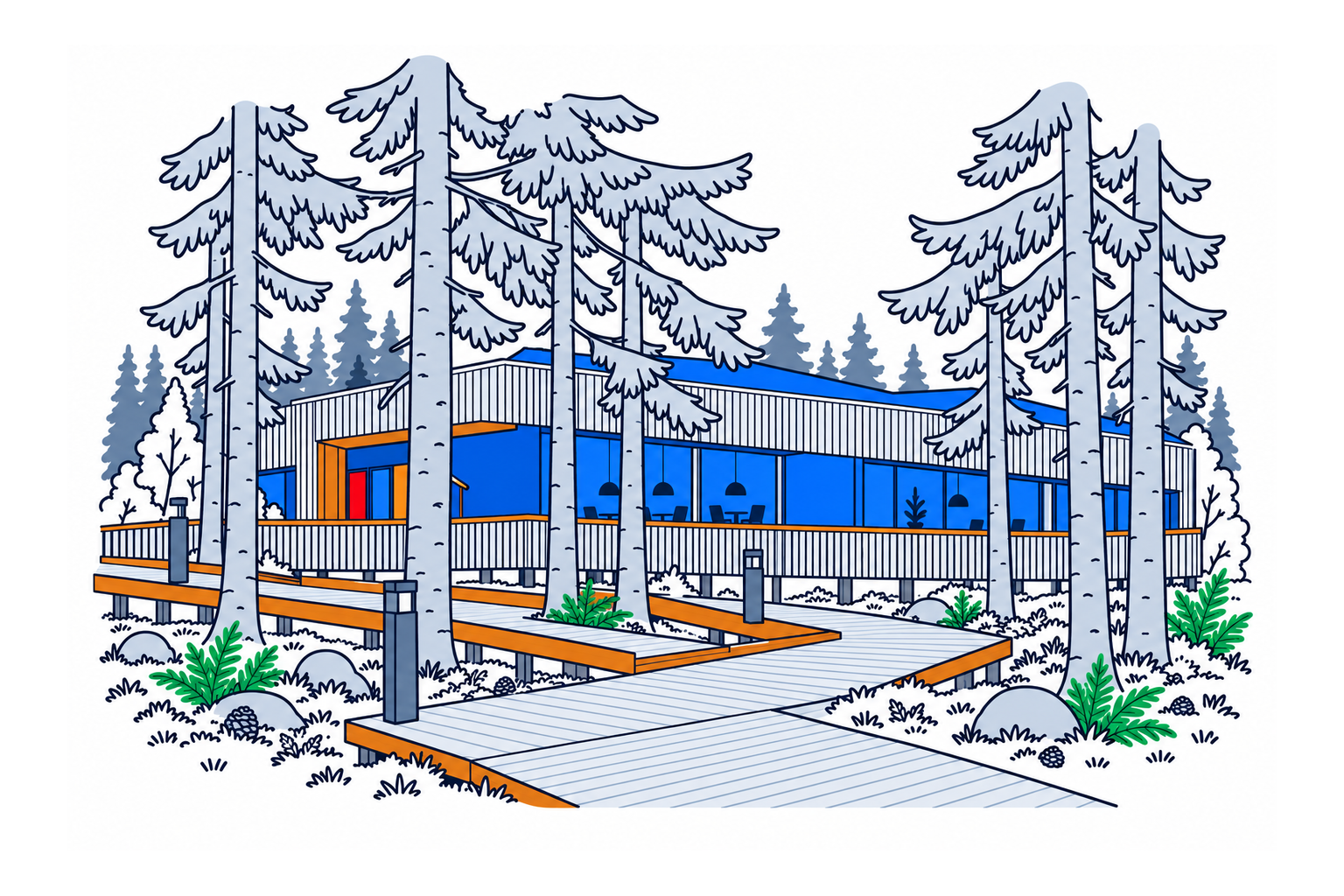 SamfunnPrep illustration: Prøysenhuset, Ringsaker. The timber-clad cultural centre in its woodland setting.