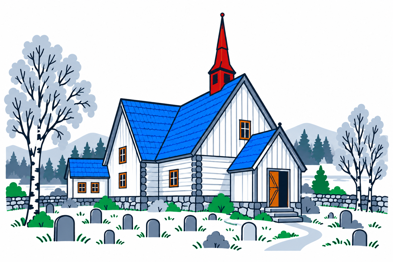 SamfunnPrep illustration: Rollag stavkirke, Rollag. The stave church and its churchyard above the river valley.