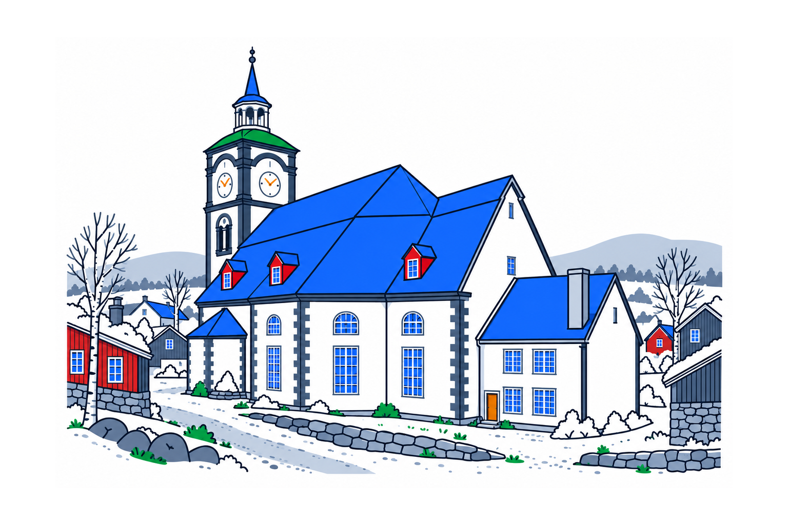 SamfunnPrep illustration of Røros kirke with its tall clock tower above the mining town.