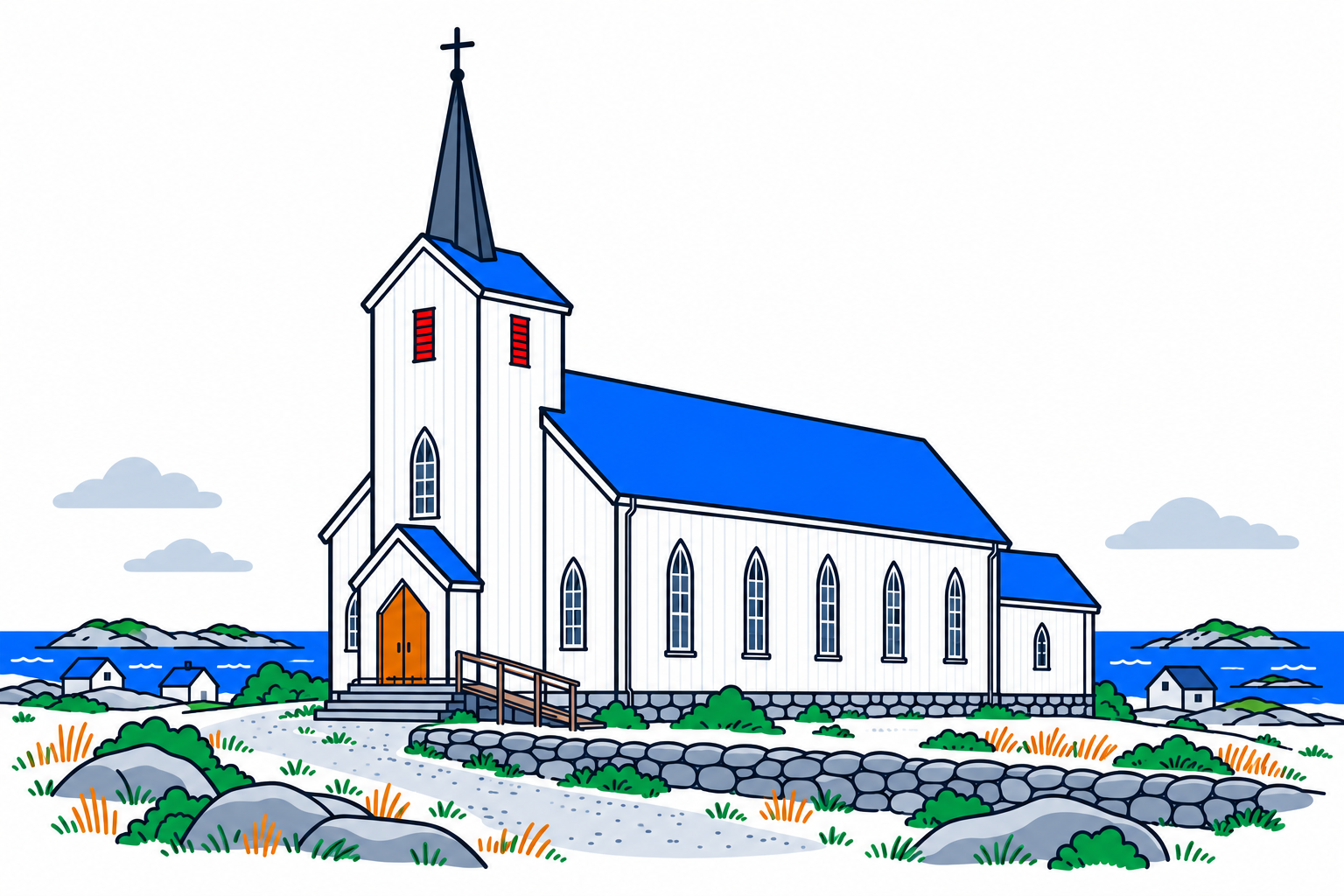Illustration of the timber Røst Church with its tower, windows and island churchyard.