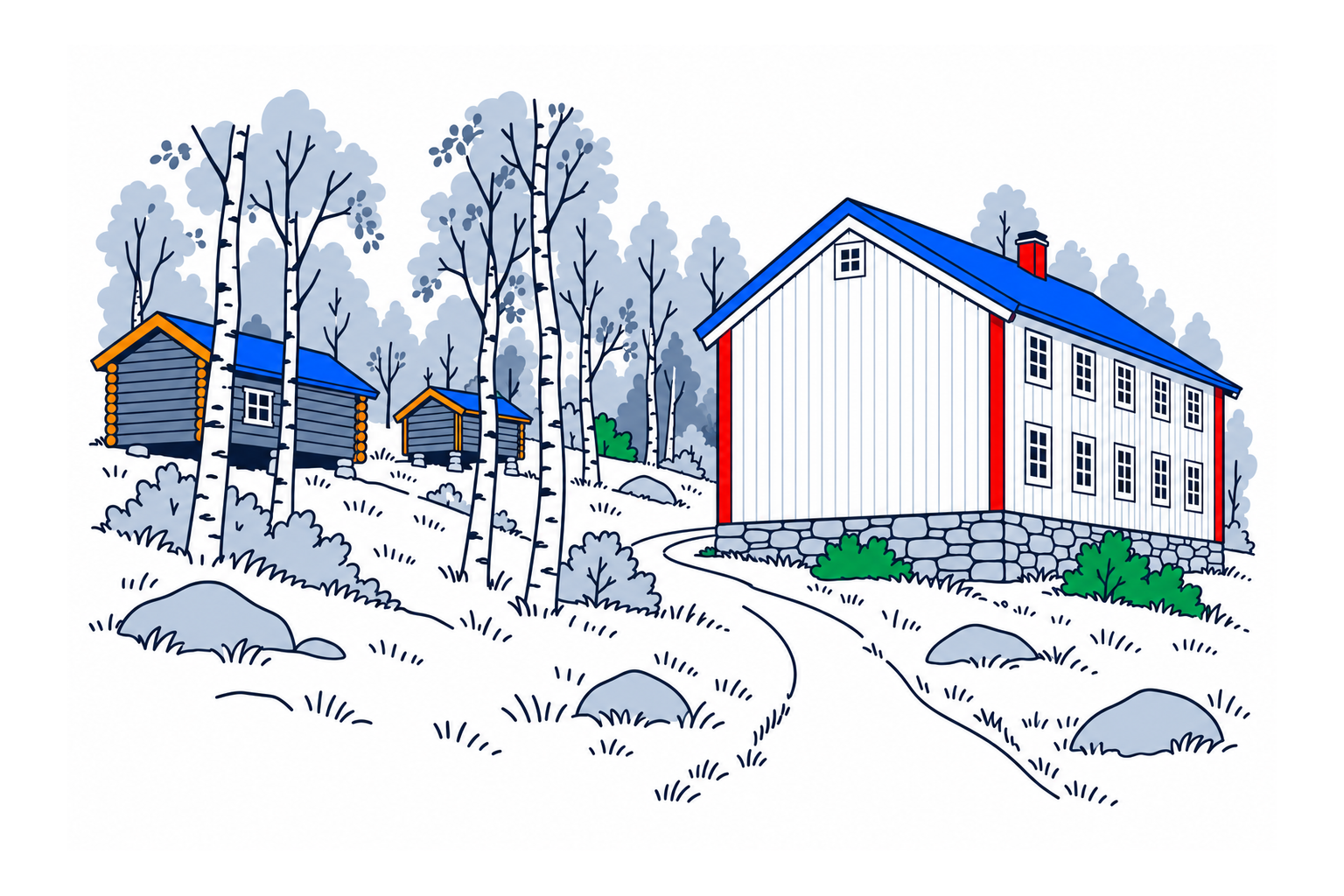 SamfunnPrep illustration of Nyvikstua and the timber farmyard buildings at Røyrvik bygdetun.