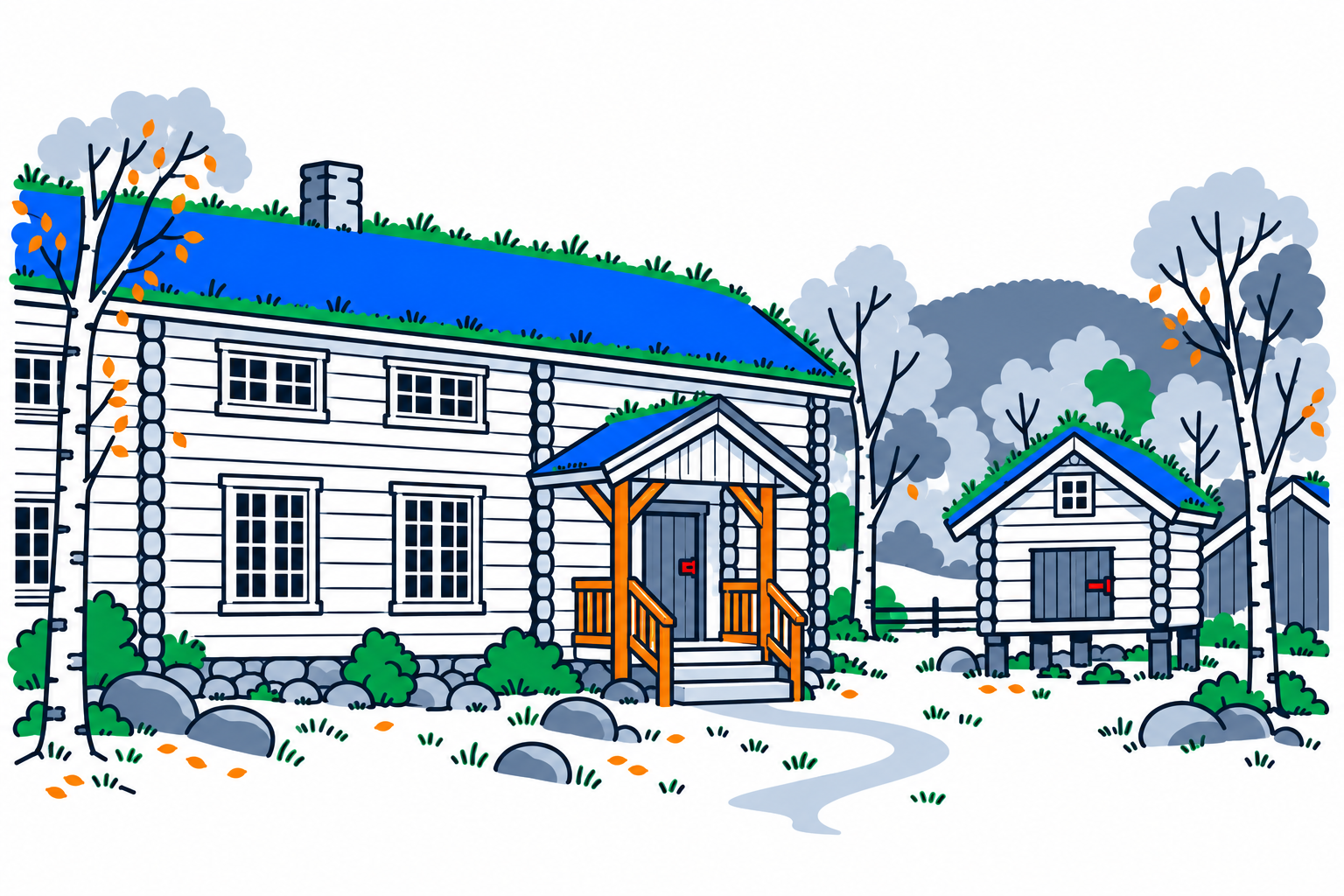 SamfunnPrep illustration of historic buildings at Saltdal bygdetun