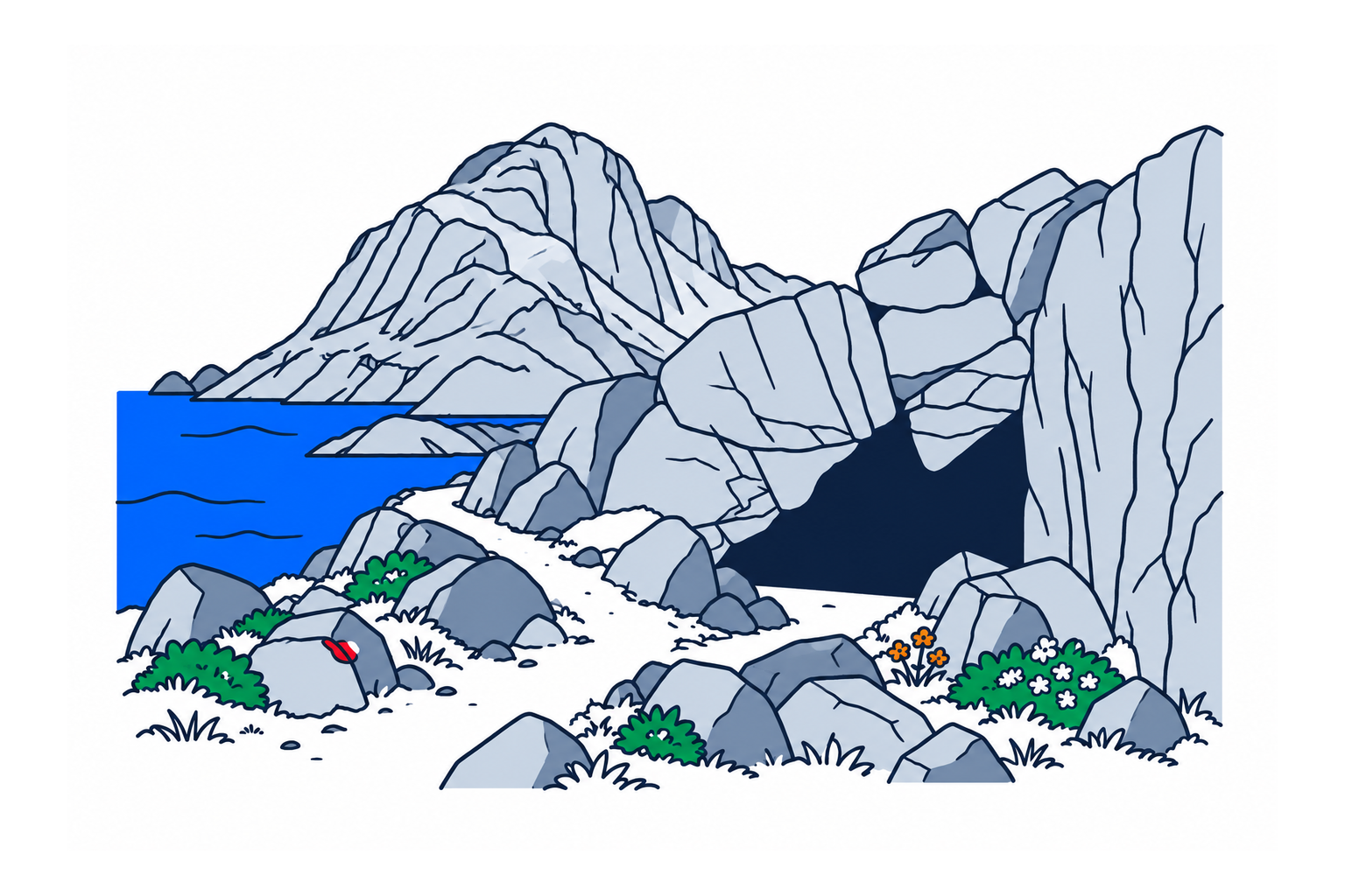 SamfunnPrep illustration of Dollsteinhola on Sandsøya in Sande, showing the cave opening in the steep coastal mountain.