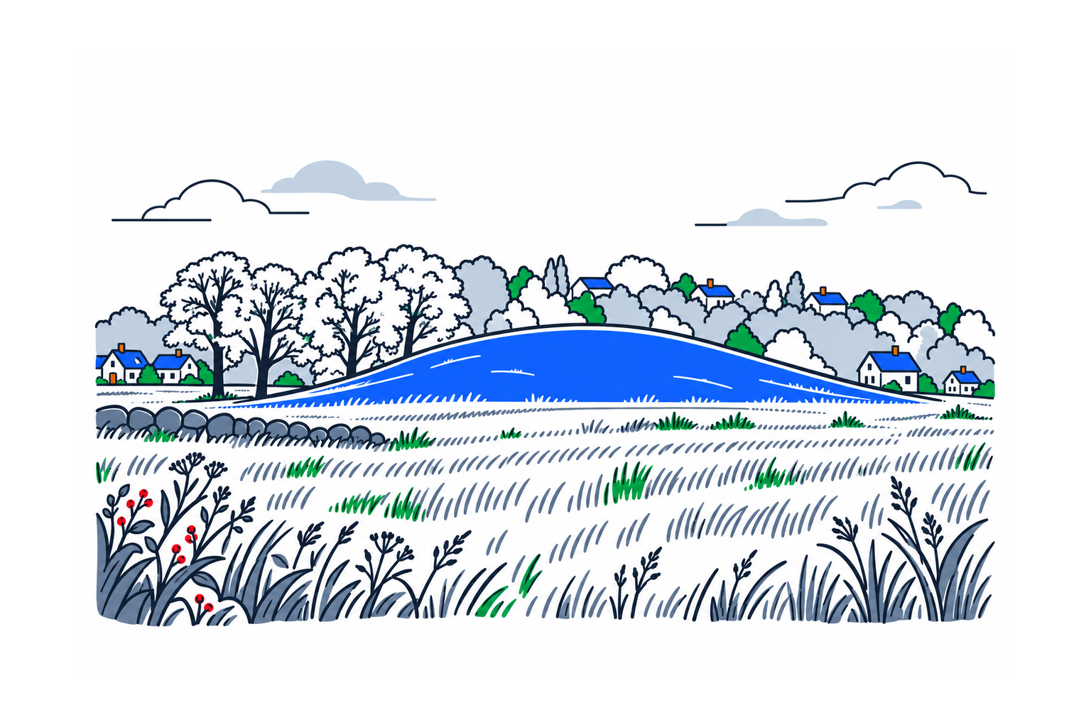 SamfunnPrep illustration: Gokstadhaugen, Sandefjord. A grassy Viking-age burial mound in open surroundings.