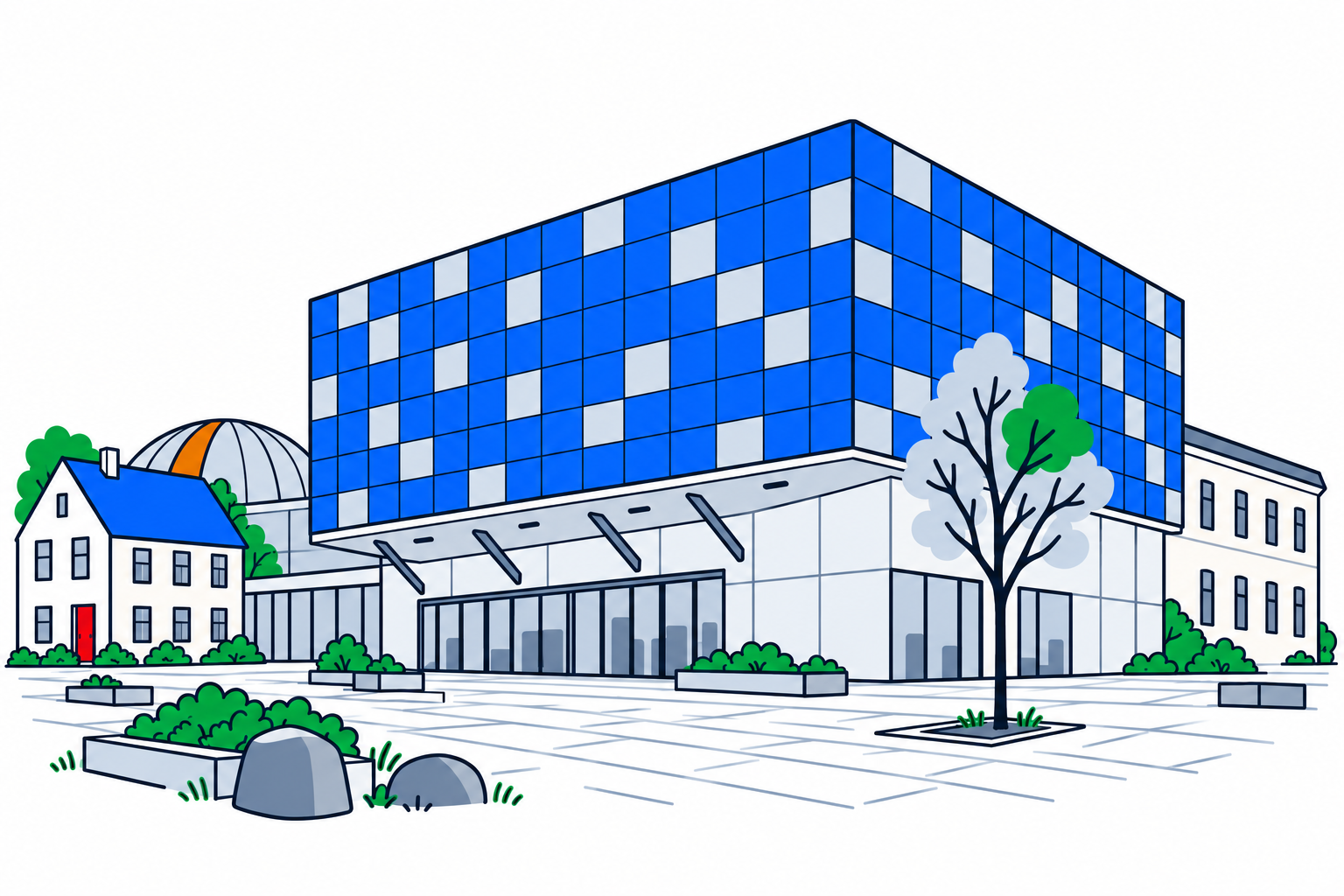 SamfunnPrep illustration of Vitenfabrikken in Sandnes, showing the modern angular facade and the planetarium form beside it.