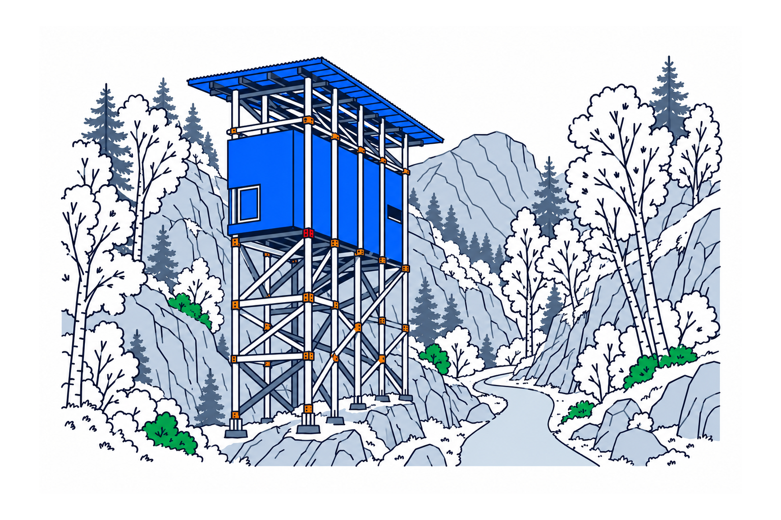 SamfunnPrep illustration of Allmannajuvet in Sauda, showing the elevated timber museum structure on tall braced columns beside the wooded gorge.