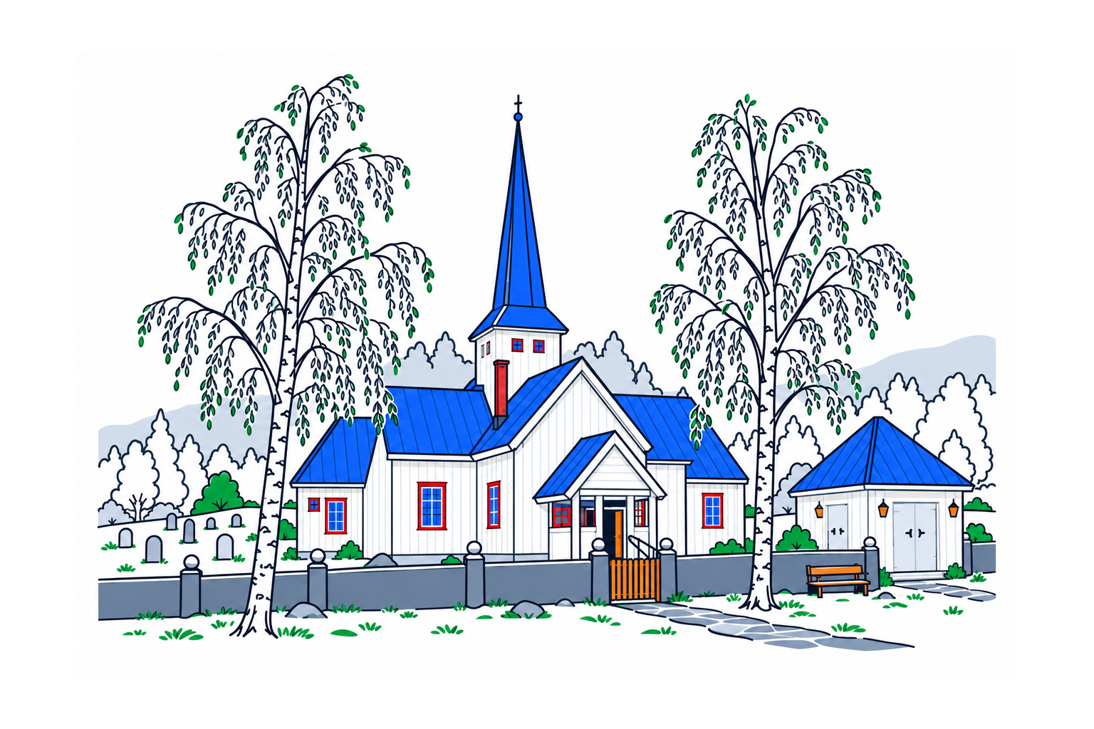 SamfunnPrep illustration: Sel kirke, Sel. The timber cruciform church at Selsverket.