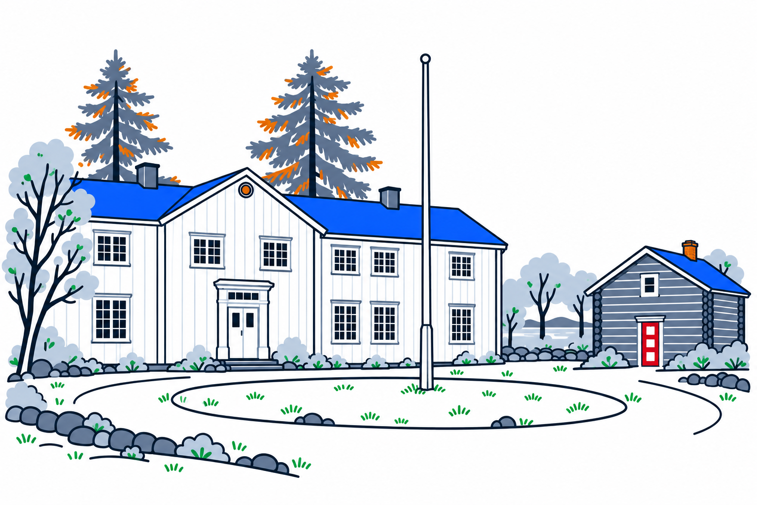 SamfunnPrep illustration of the old vicarage and museum-yard buildings at Selbu bygdemuseum.