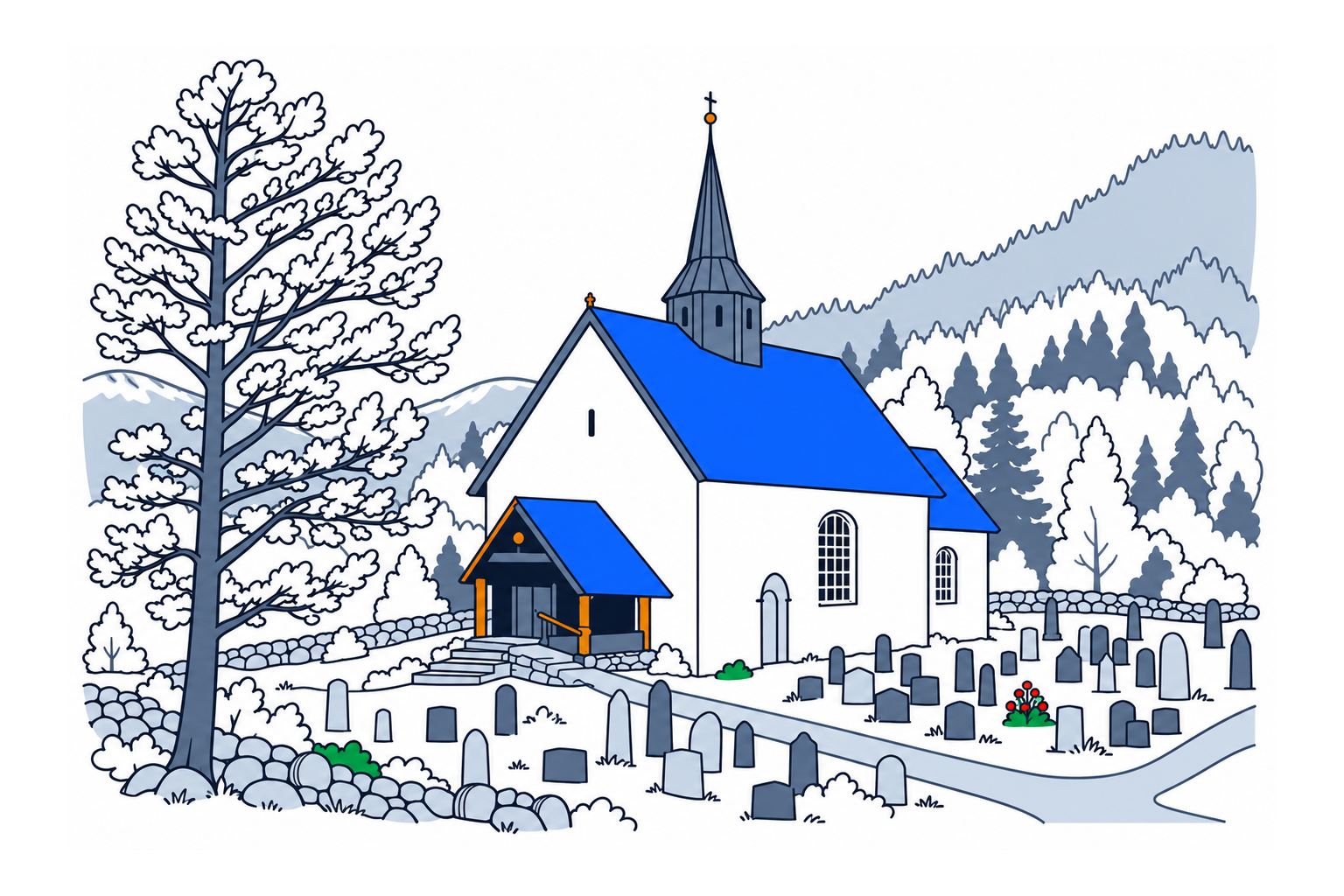 SamfunnPrep illustration: Seljord kyrkje, Seljord. A medieval stone church with a timber porch and roof turret.