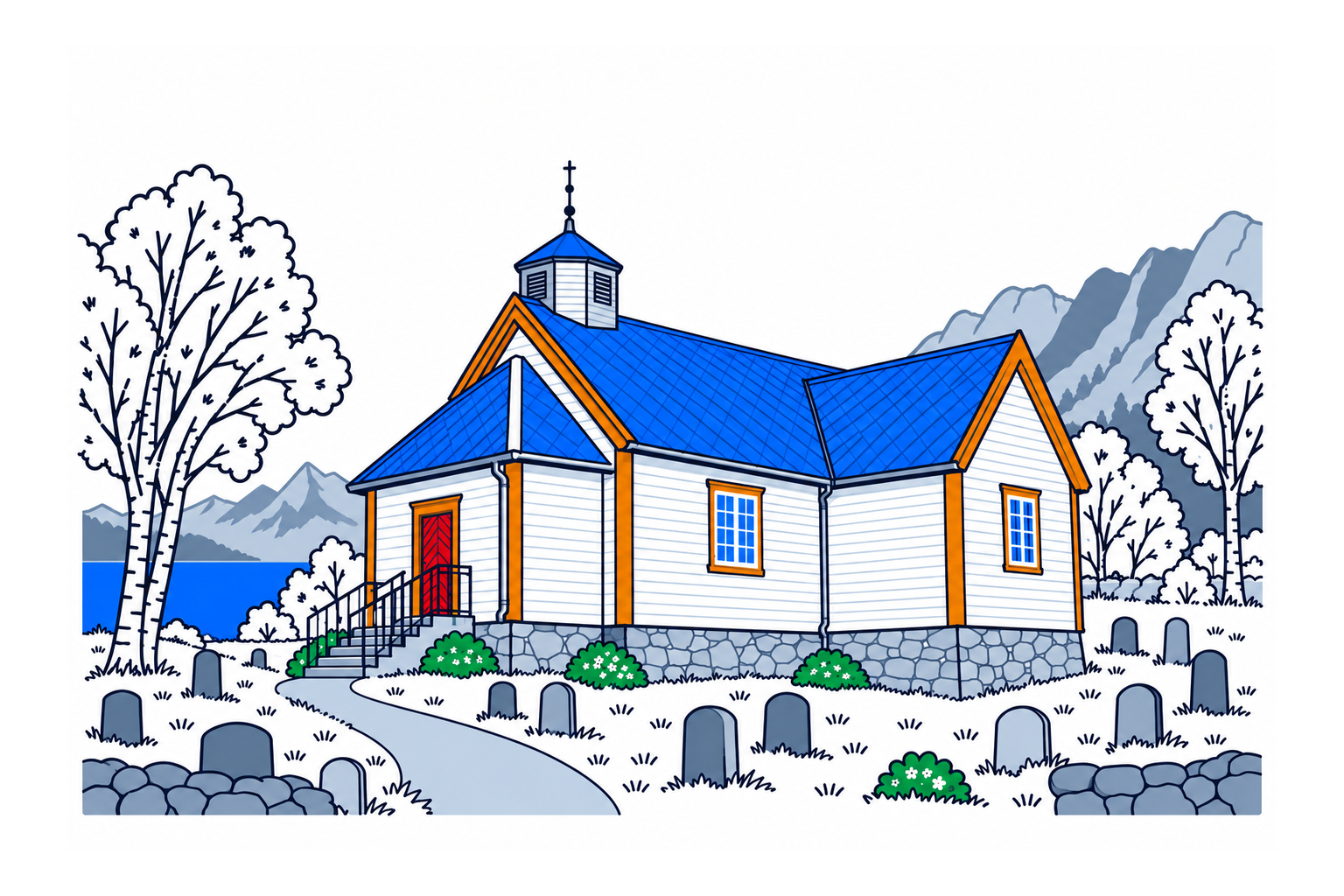 SamfunnPrep illustration of the red timber Torsken kirke with ochre trim and its small roof turret in the coastal village on Senja.