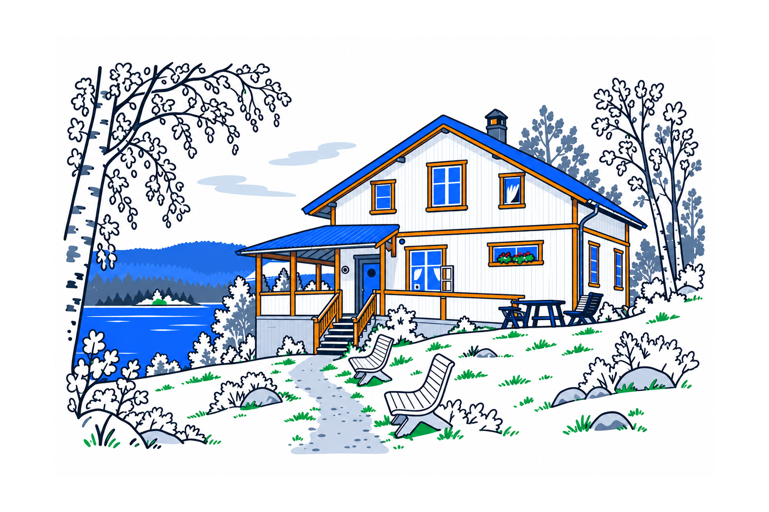 SamfunnPrep illustration: Lauvlia, Sigdal. The artist's timber home in the lakeside landscape.