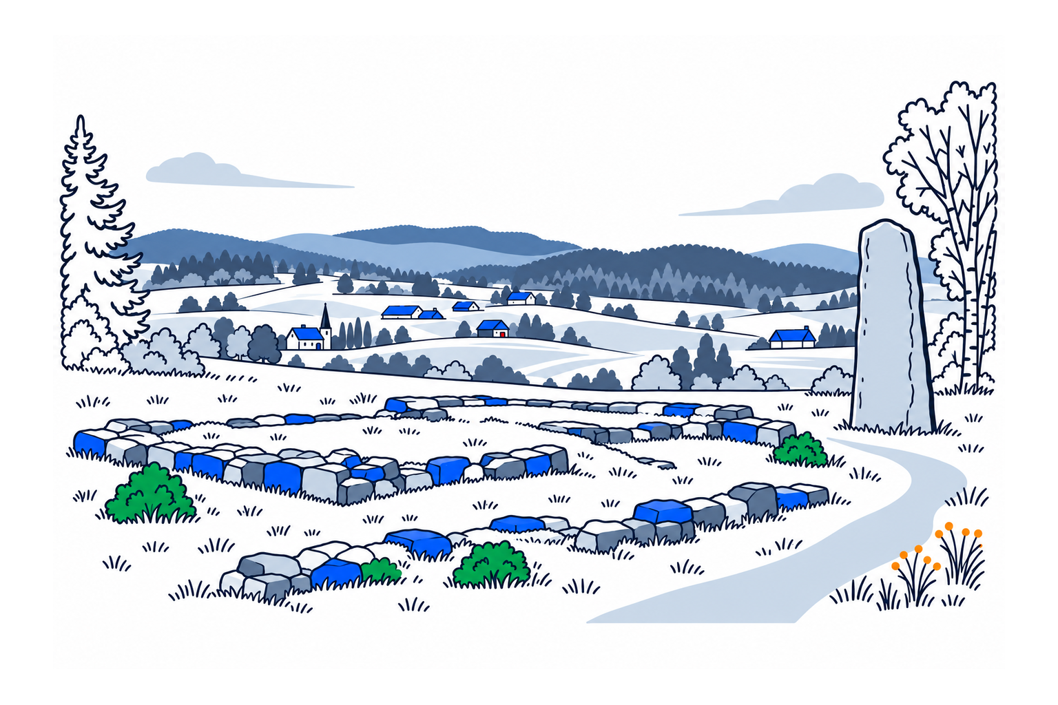 SamfunnPrep illustration of the low stone church foundations and memorial at Kirkeruinen på Husaby.