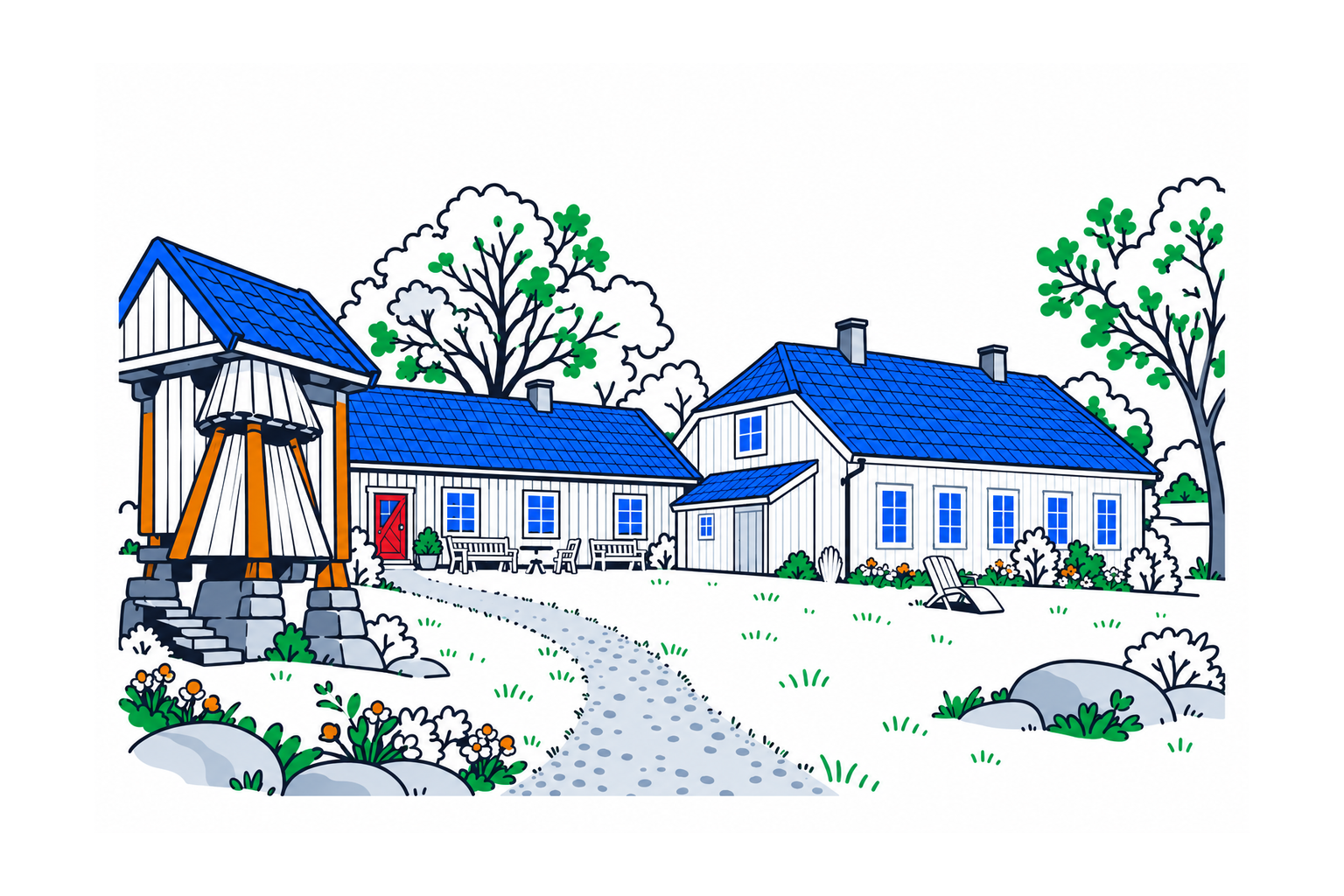 SamfunnPrep illustration: Henrik Ibsen Museum, Venstøp, Skien. A historic farmhouse in a cultivated landscape.