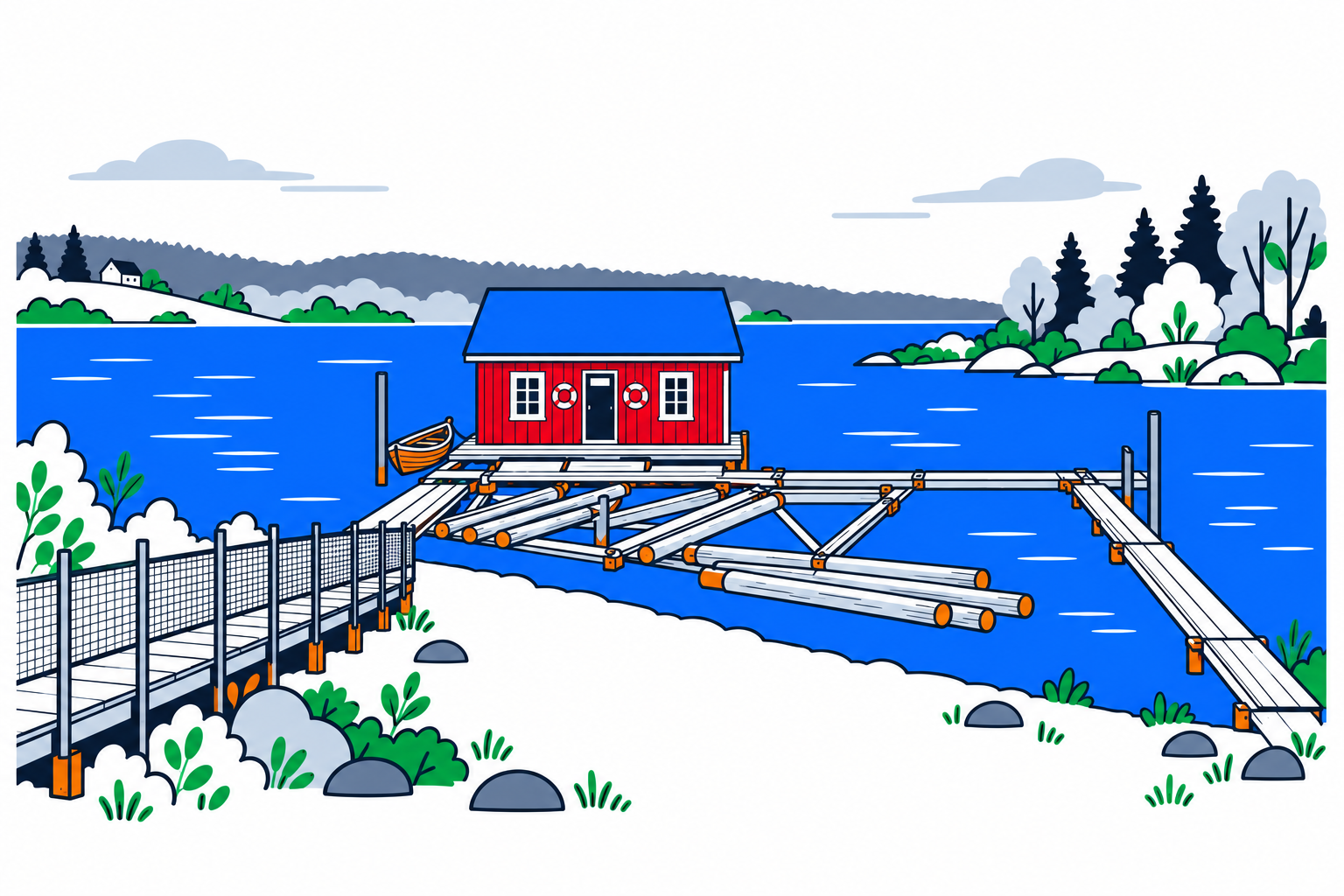 SamfunnPrep illustration: Nes Lensemuseum, Skiptvet. The riverside timber-sorting museum buildings.