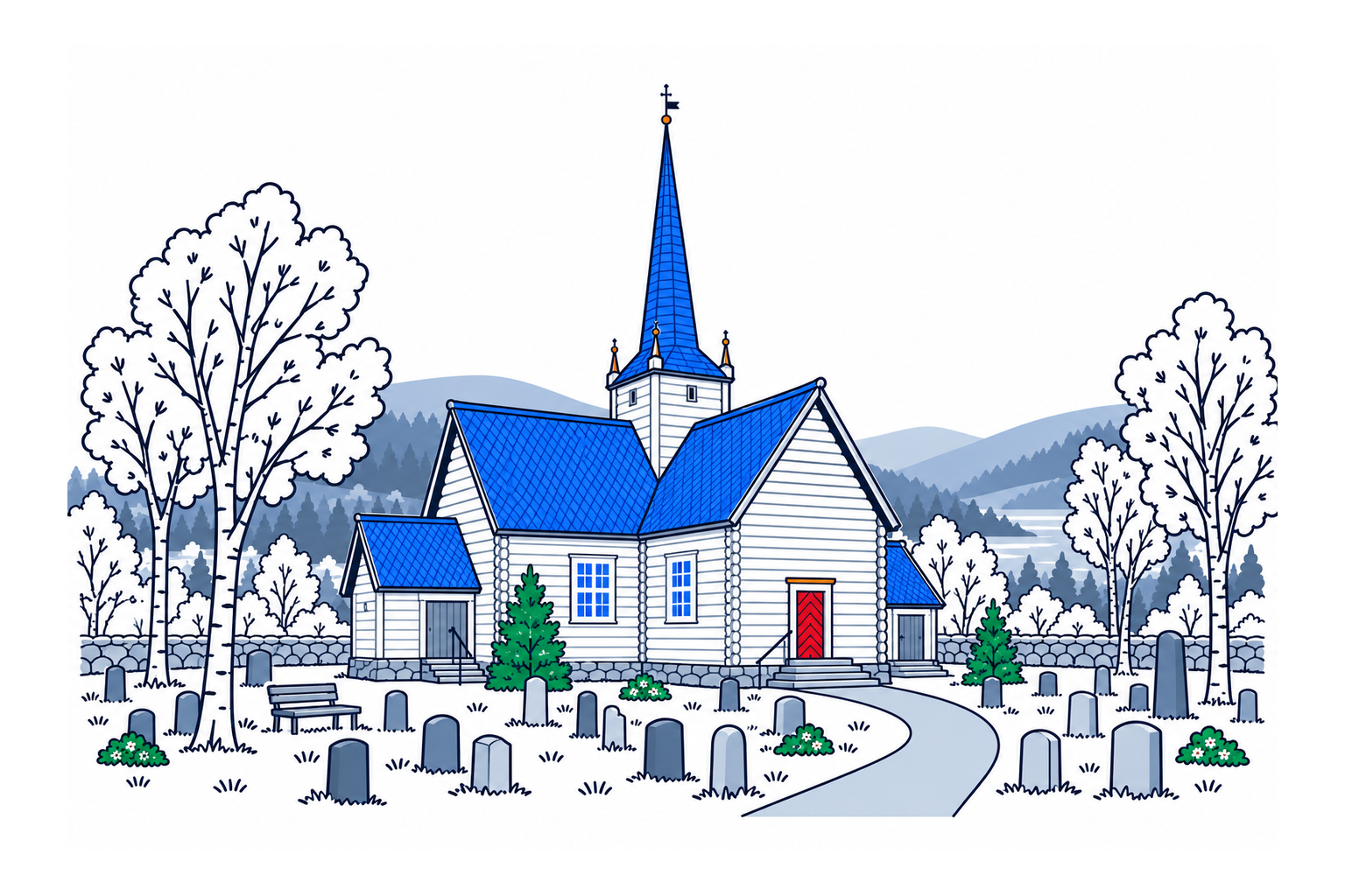 SamfunnPrep illustration: Skjåk kirke, Skjåk. The timber cruciform church within its churchyard.