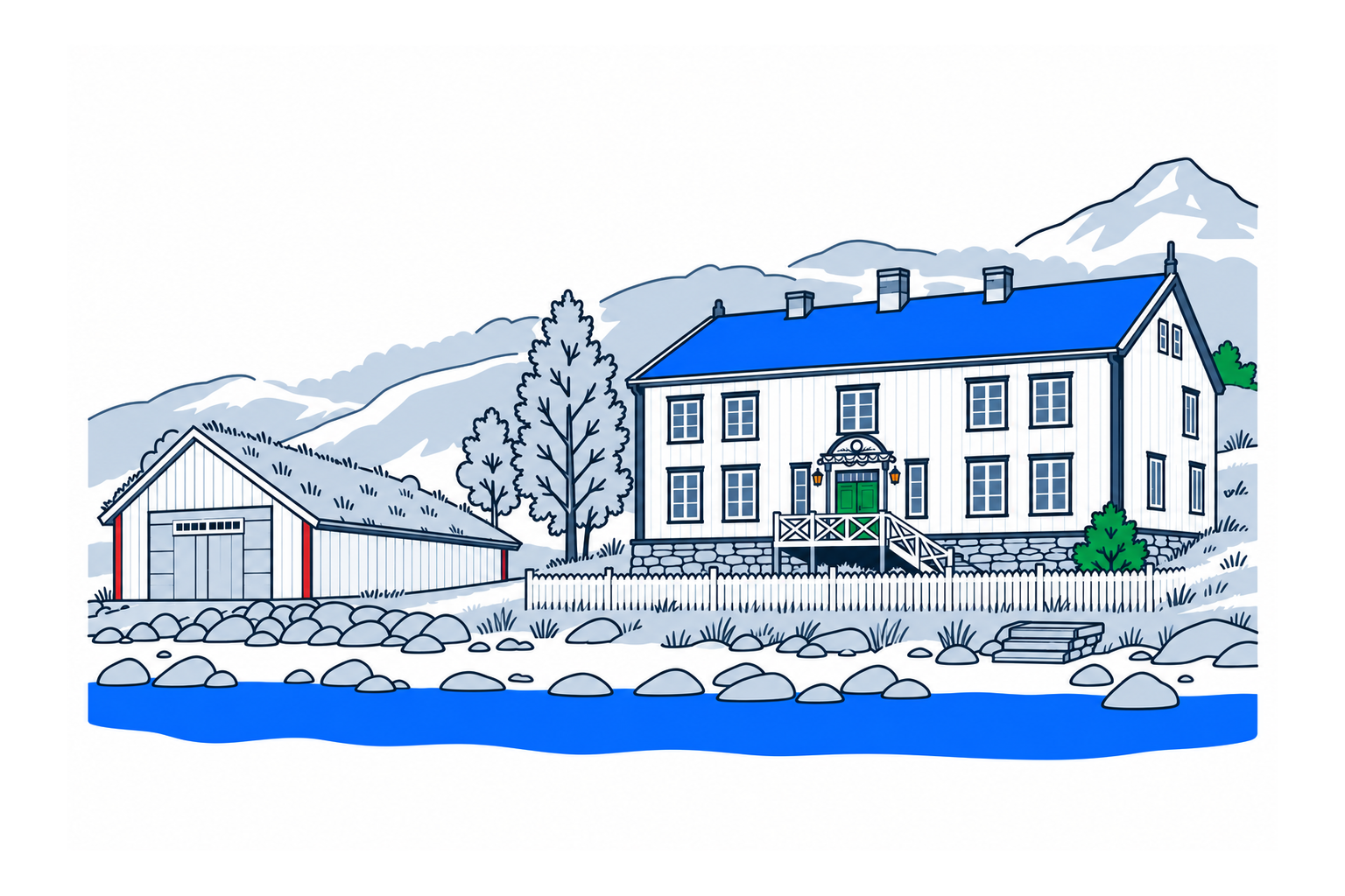 SamfunnPrep illustration of the symmetrical two-storey main house and seaside setting at Maursund gård on Kågen.