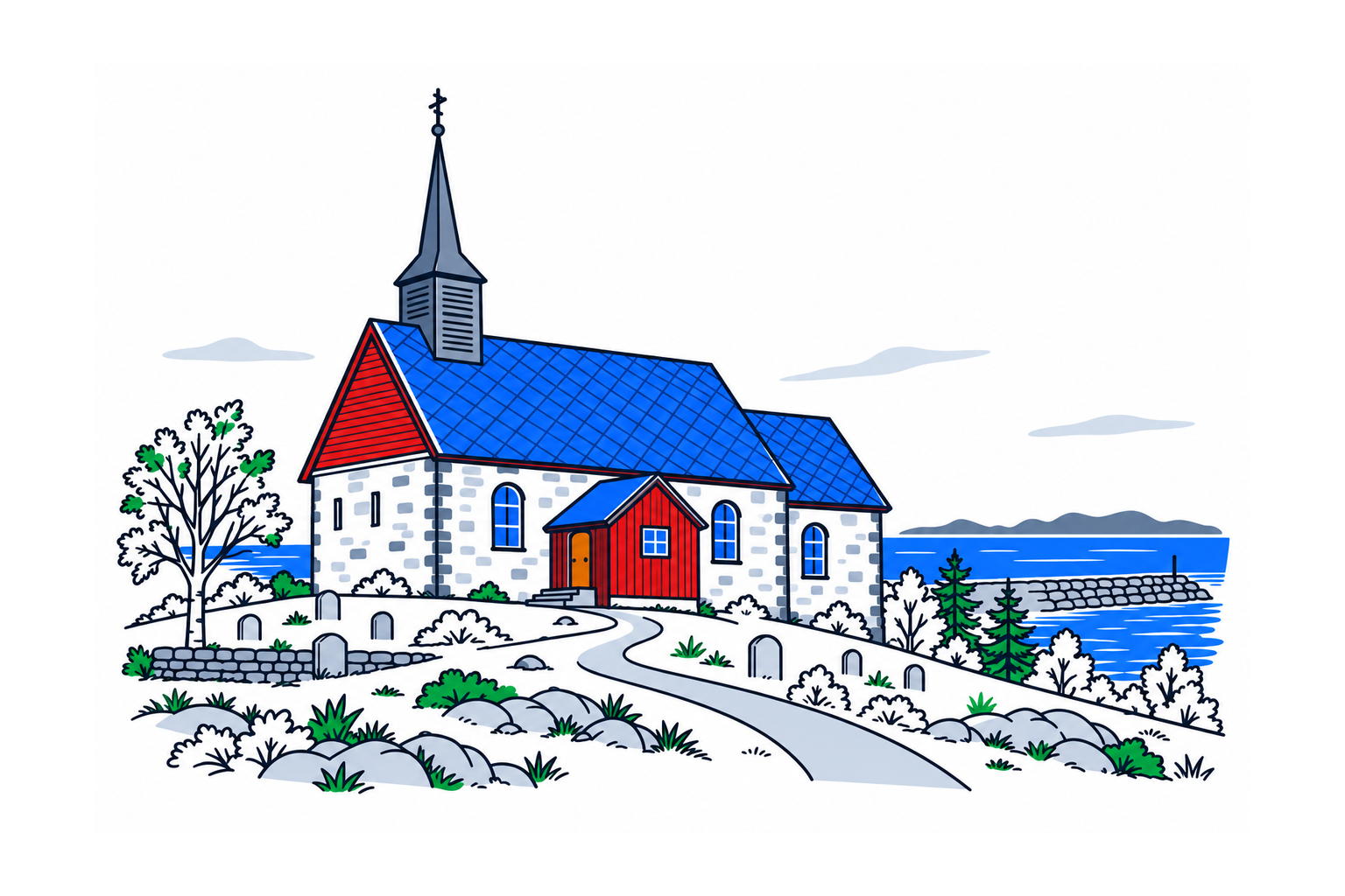 SamfunnPrep illustration of Edøy gamle kirke on Edøya in Smøla, showing the compact medieval stone church and churchyard.