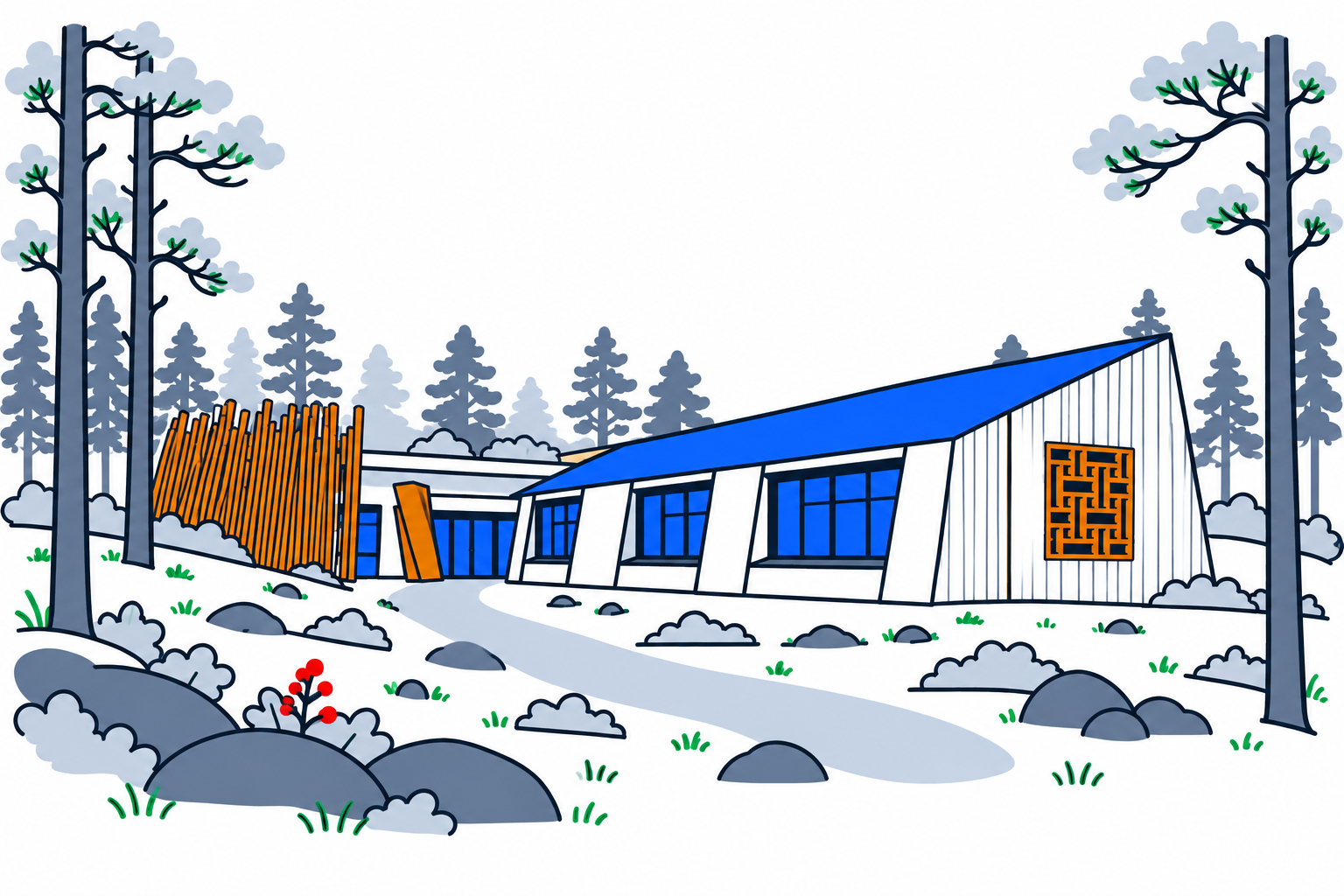 SamfunnPrep illustration of the low timber Saemien Sijte museum among pine trees.