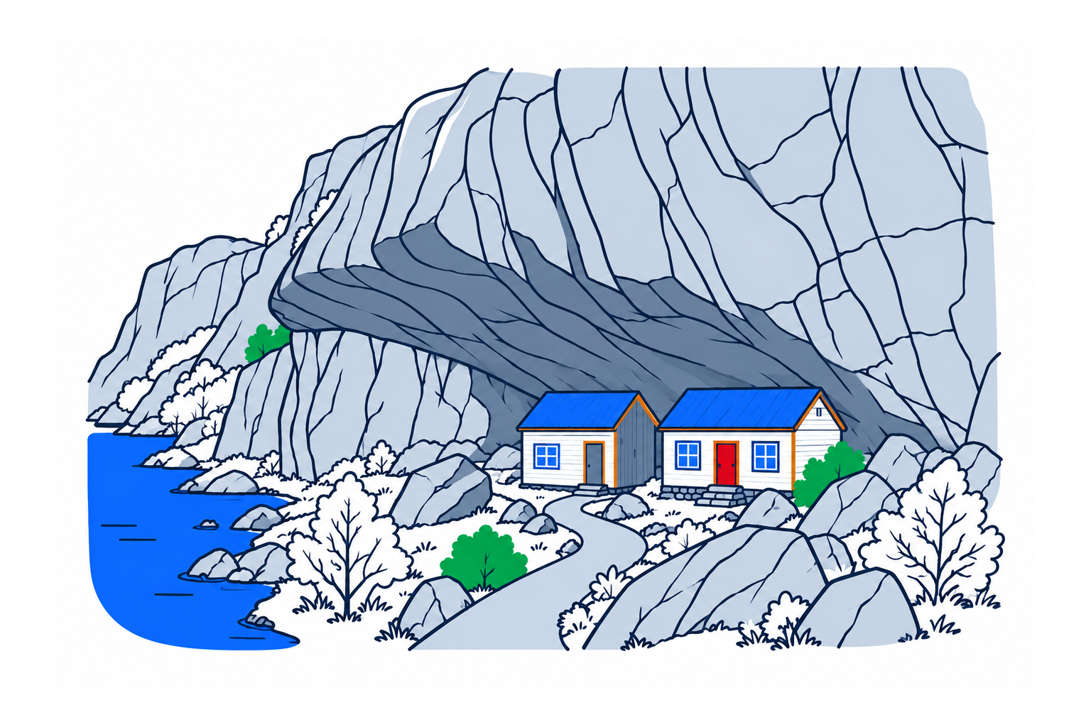 SamfunnPrep illustration of Helleren in Sokndal, showing two small timber houses sheltered beneath the great rock overhang at Jøssingfjord.
